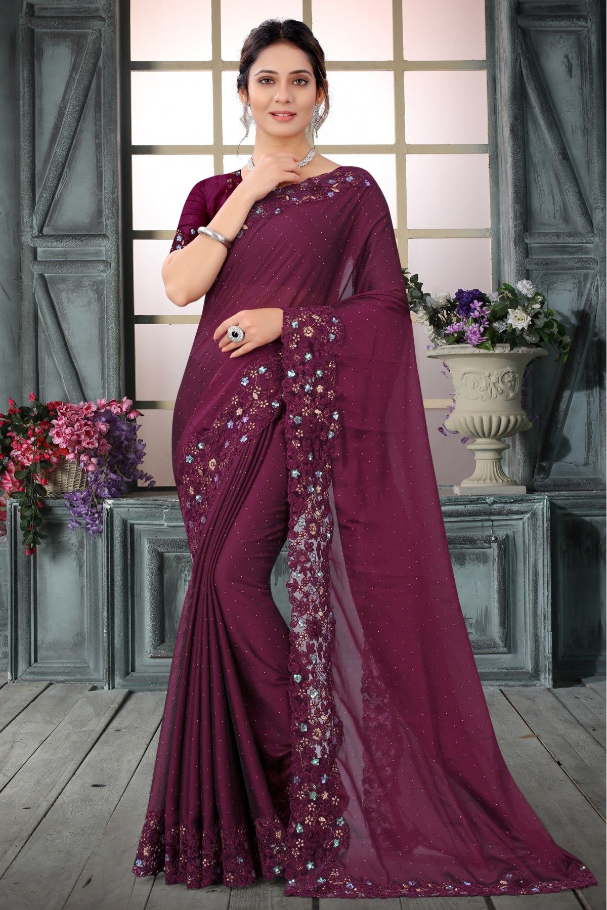 Rangoli Silk Embroidery Saree In Wine Colour SR1543213 A