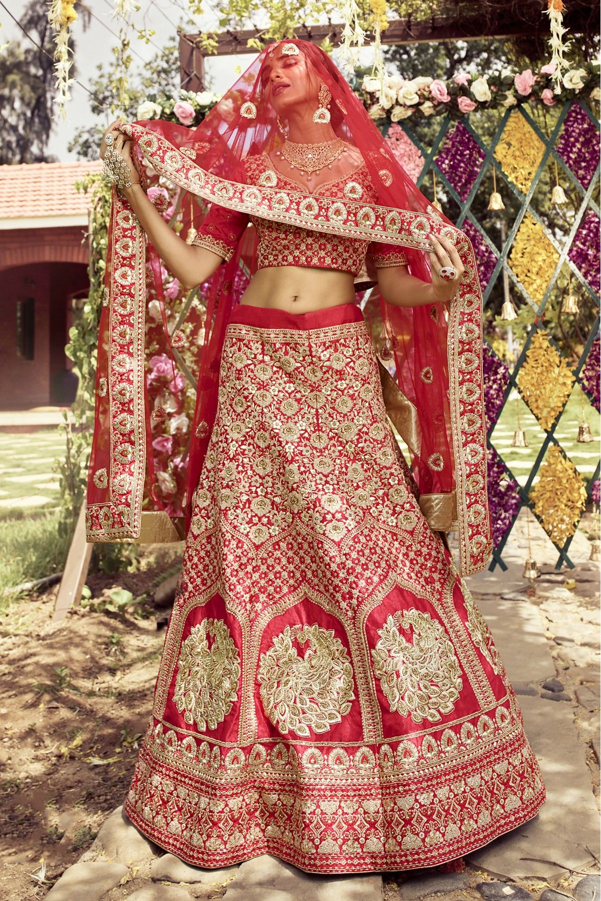 Raw Silk Embroidery Bridal Lehenga Choli In Red Colour - LD4900630