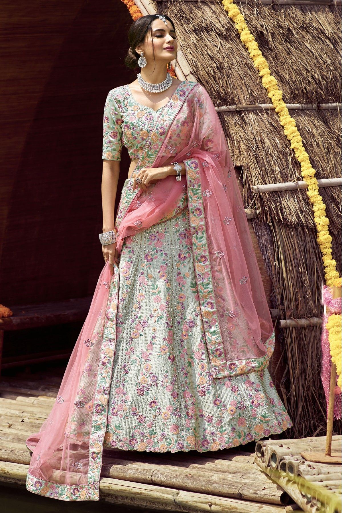 AanyaSri Boutique - Sabyasachi inspired pastel green floral lehenga 💫  www.aanyasri.com #pastelgreen #floral #pink #realmirrorsworkblouse  #puregeorgette #silkblouse #softnerdupatta #elegance #lehenga  #bigborderlehengas #mirrorwork #floralsandmirrors ...