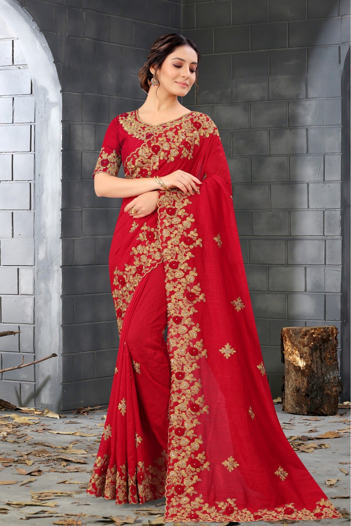 Cornell Red Silk Pattern Designer Party Wear Saree | Kolour