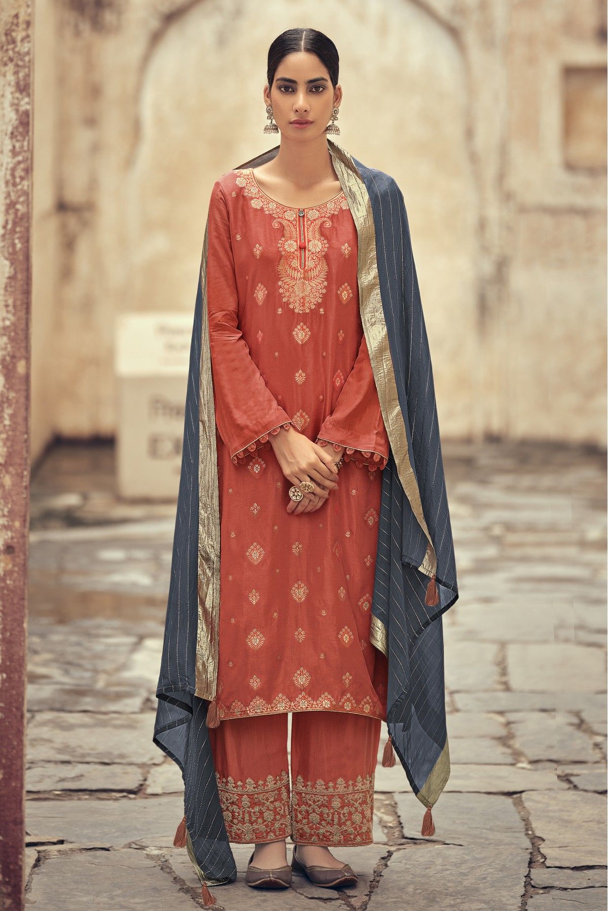 Silk Jacquard Woven Palazzo Pant Suit In Rust Colour - SM5410507
