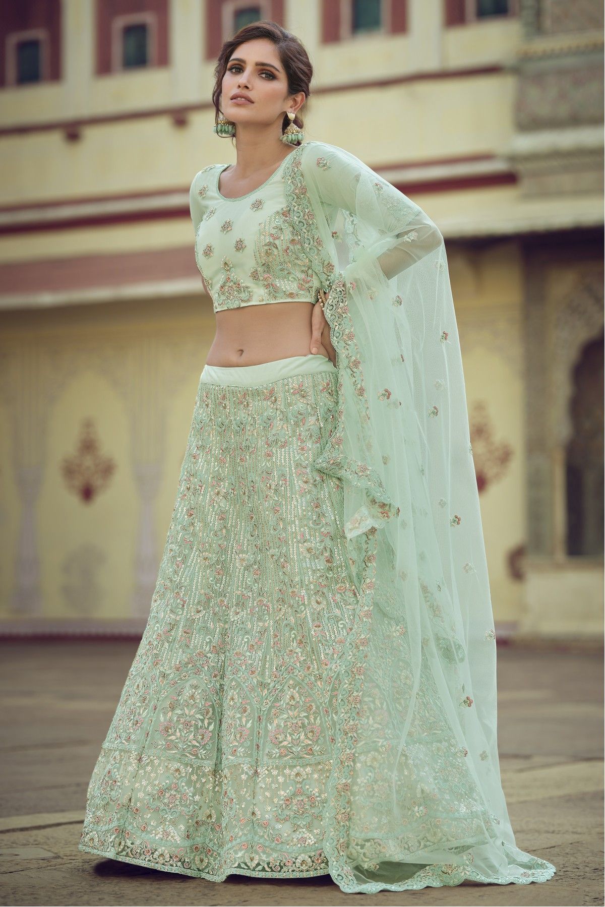 Net Embroidery Lehenga Choli In Dark Green Colour - LD5680006