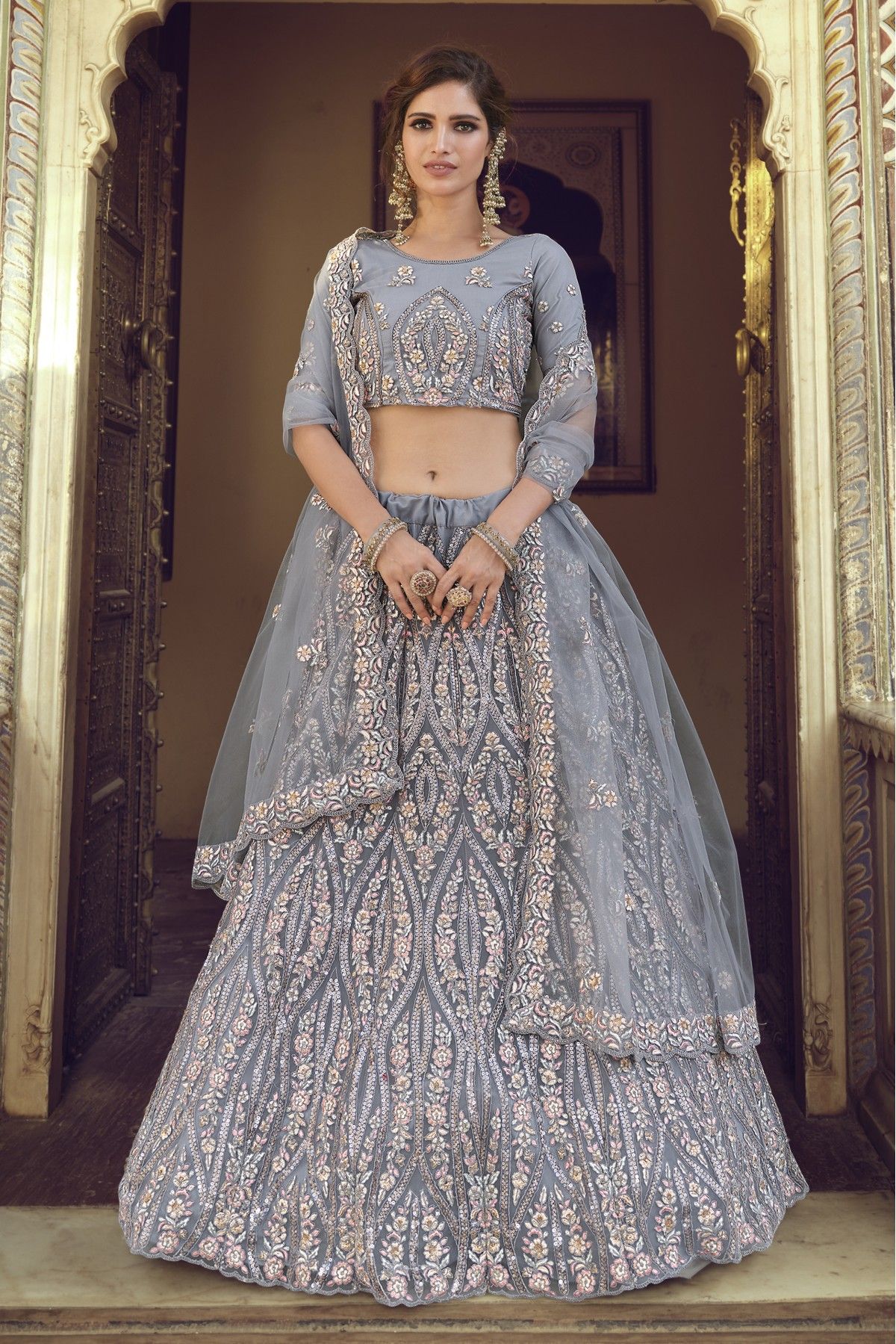 Photo of lavender lehenga with gold work