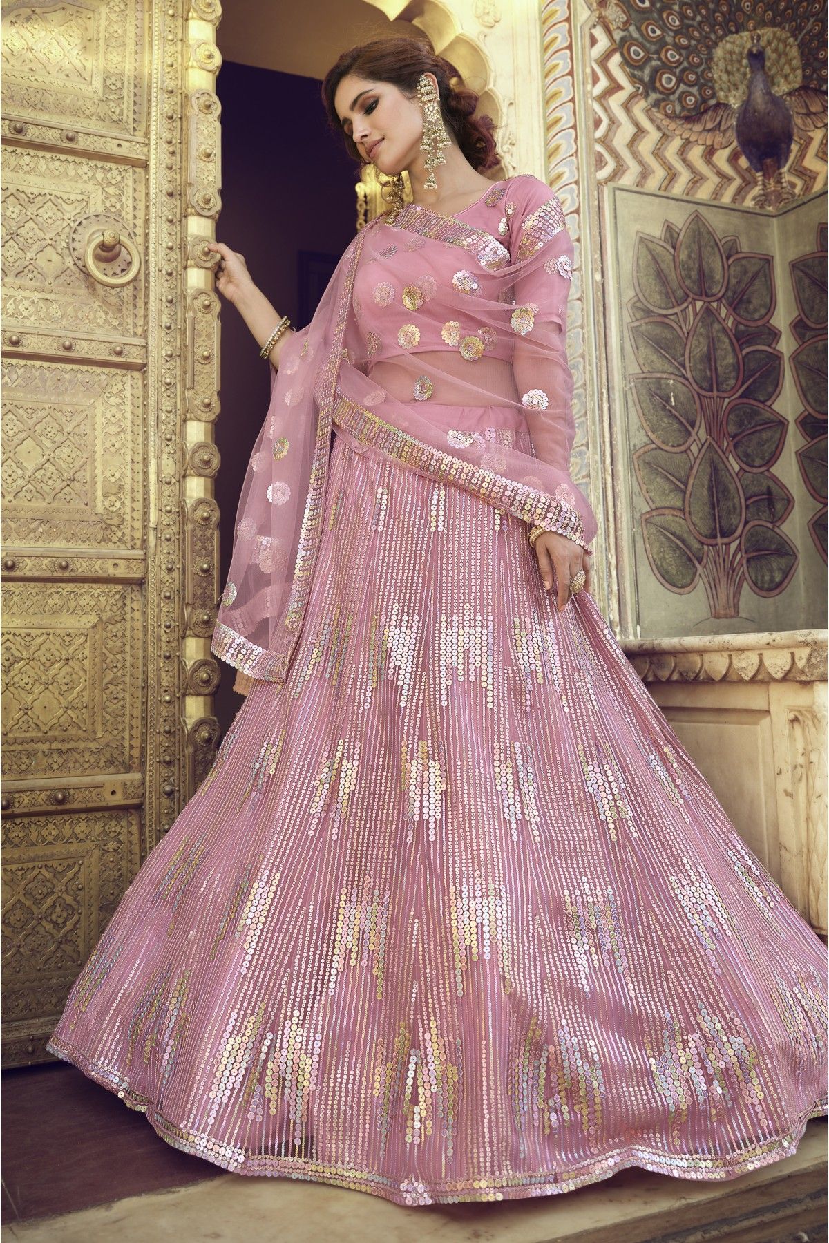 Dark Pink Georgette Lehenga Choli with Coding and Sequence w