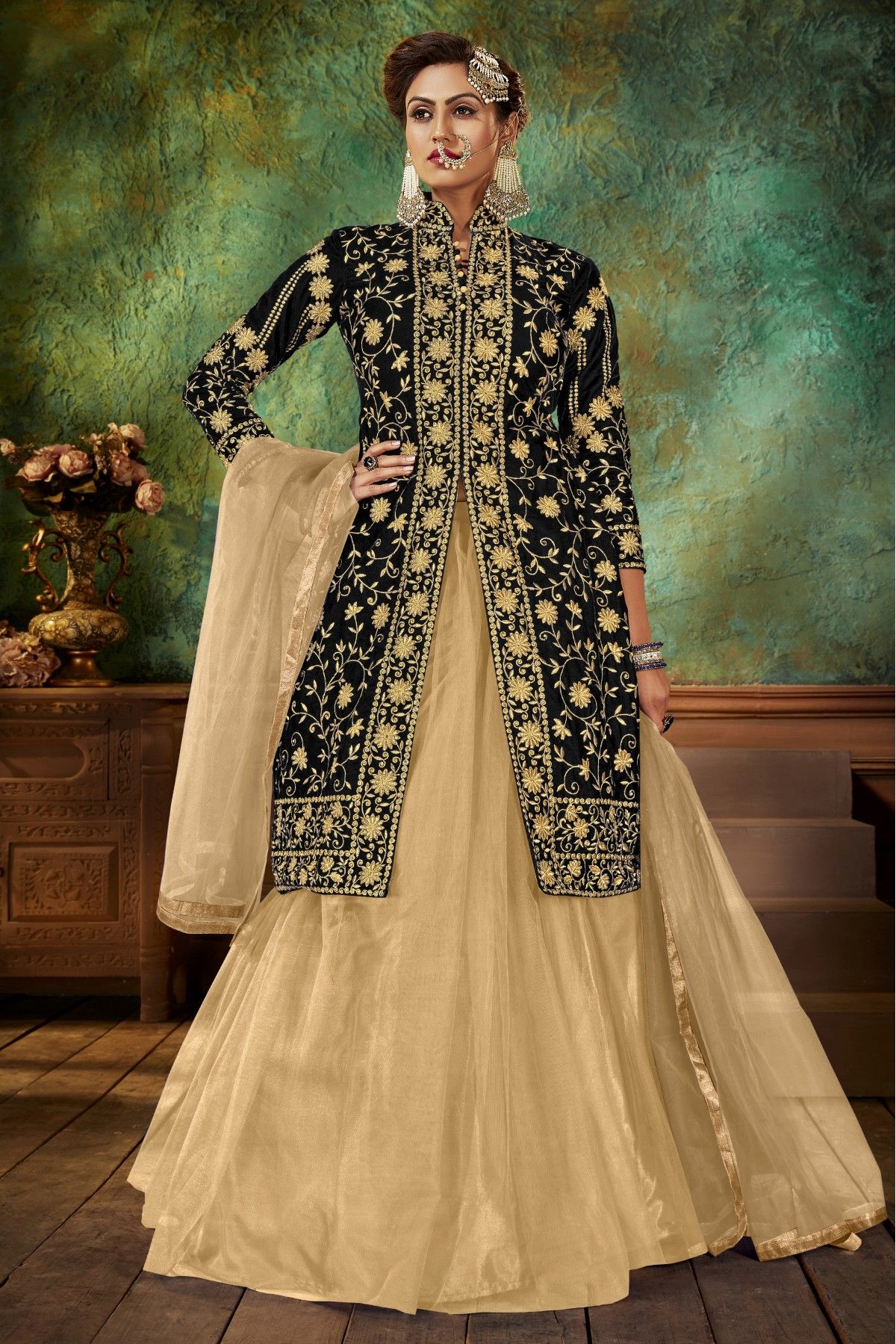 Velvet Embroidery Lehenga Suit In Black Colour SM5410492 A