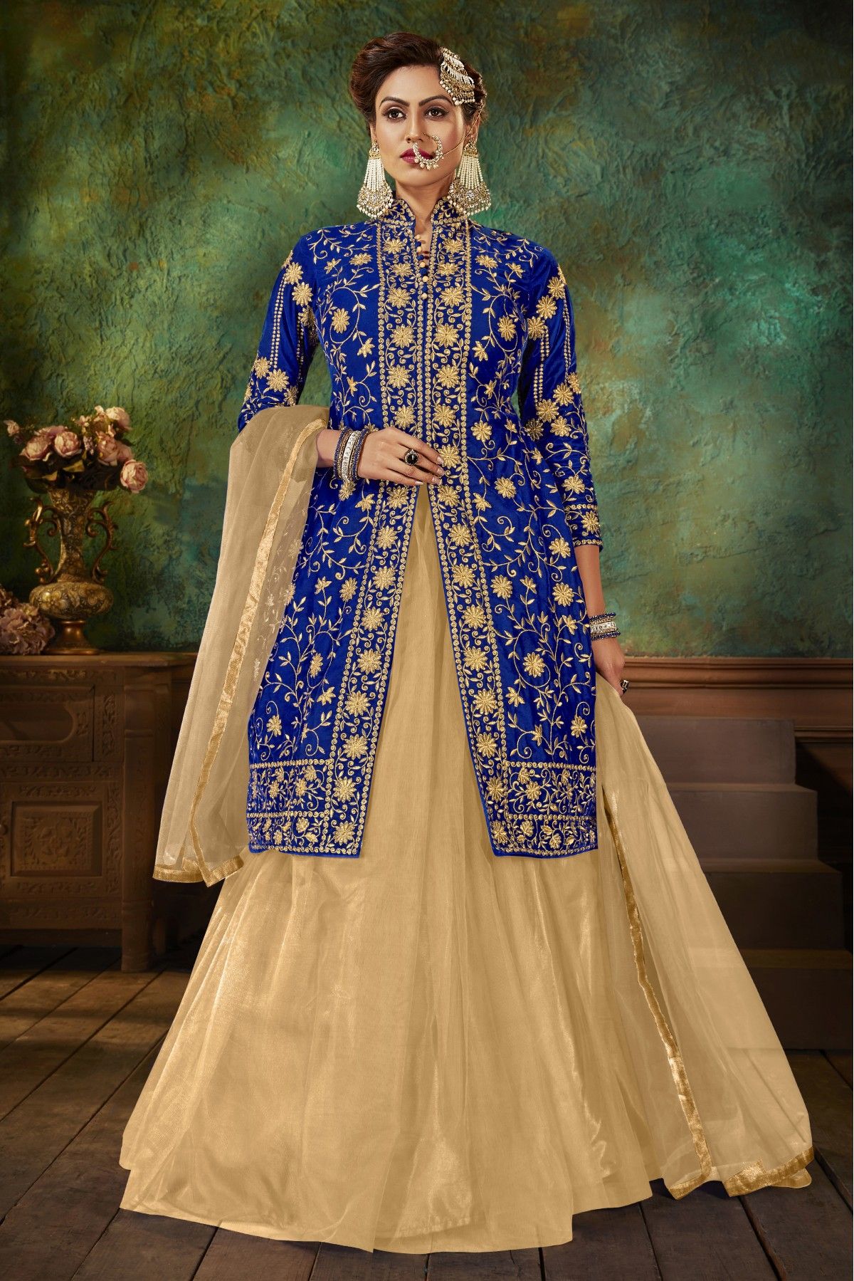 Royal Blue Colored Party Wear Velvet and Jacquard Silk Long