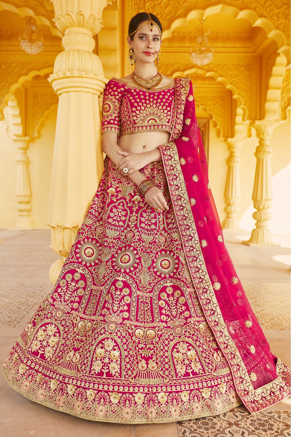 Velvet Hand Work Bridal Lehenga Choli In Pink Colour - LD4900596