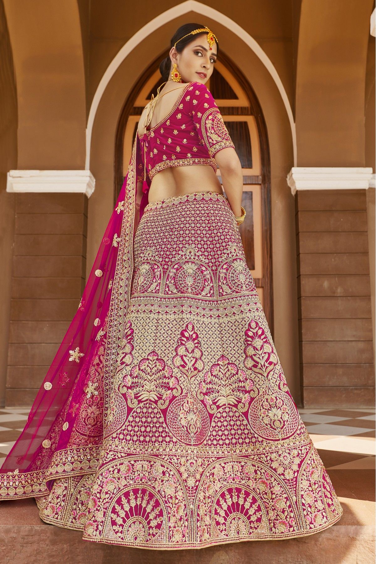 Velvet Hand Work Bridal Lehenga Choli In Pink Colour - LD4900601