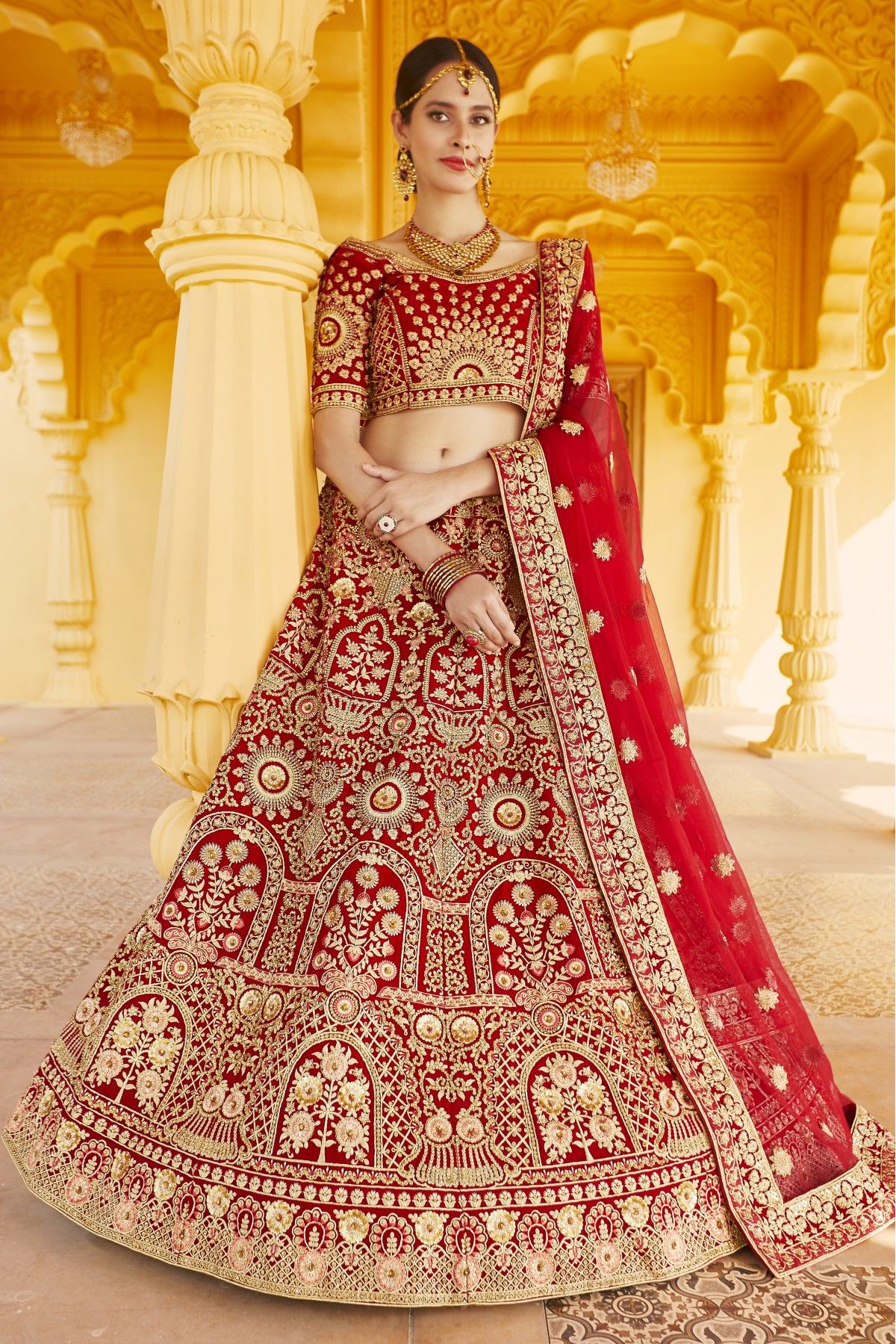 Traditional Womens Velvet Embroidered Lehenga And Blouse With Dupatta In  Red Color at Best Price in Surat | Agrawal's Distribution Centre.