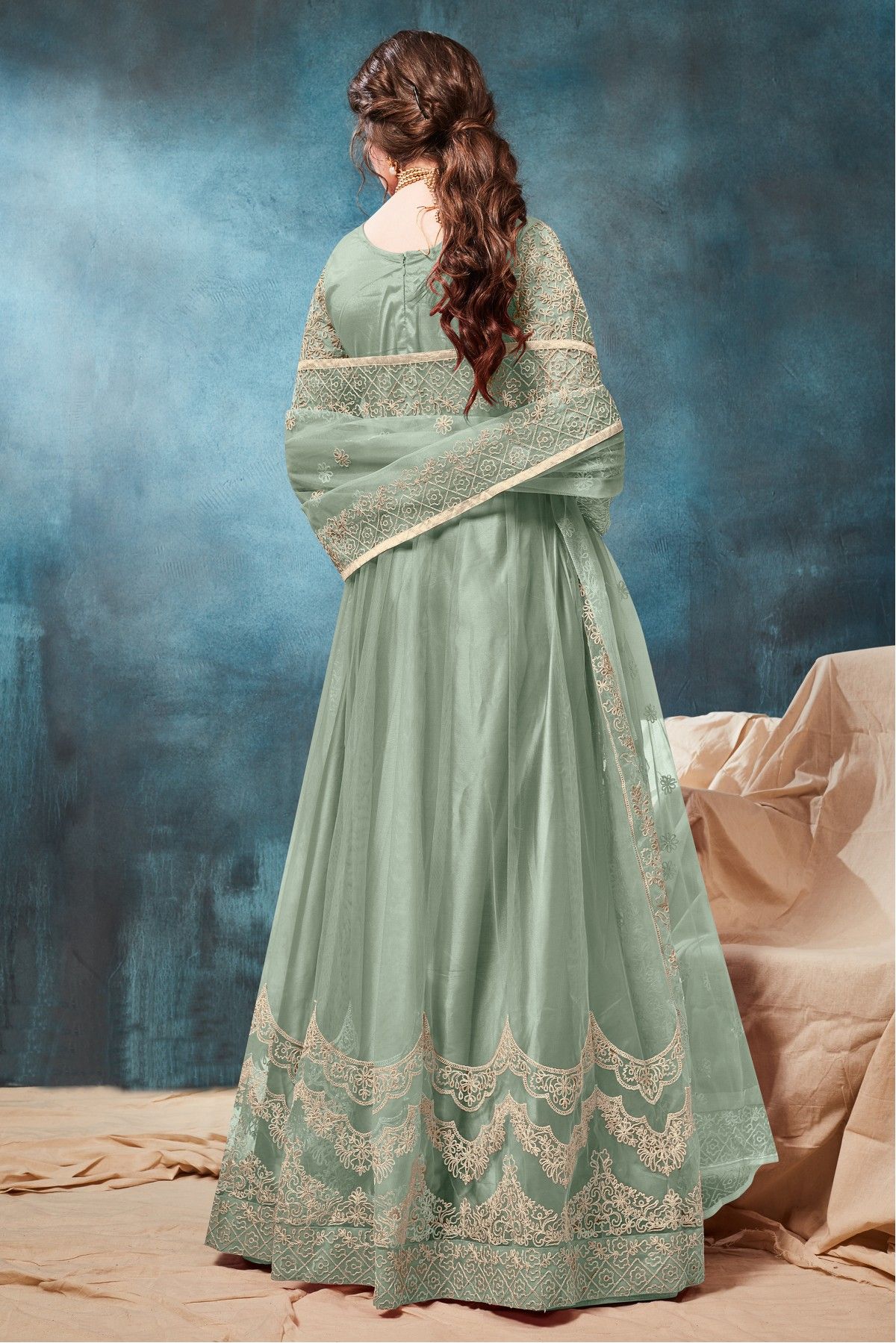 Net Embroidery Anarkali Suit In Pista Green Colour - SM1640468