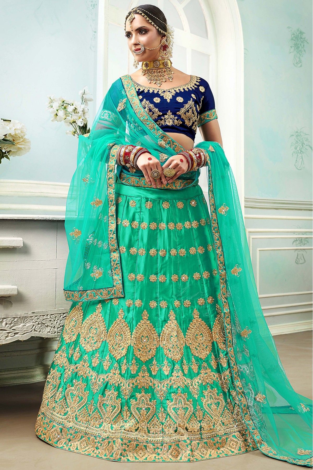 Net Embroidery Lehenga Choli In Dark Green Colour - LD5680006