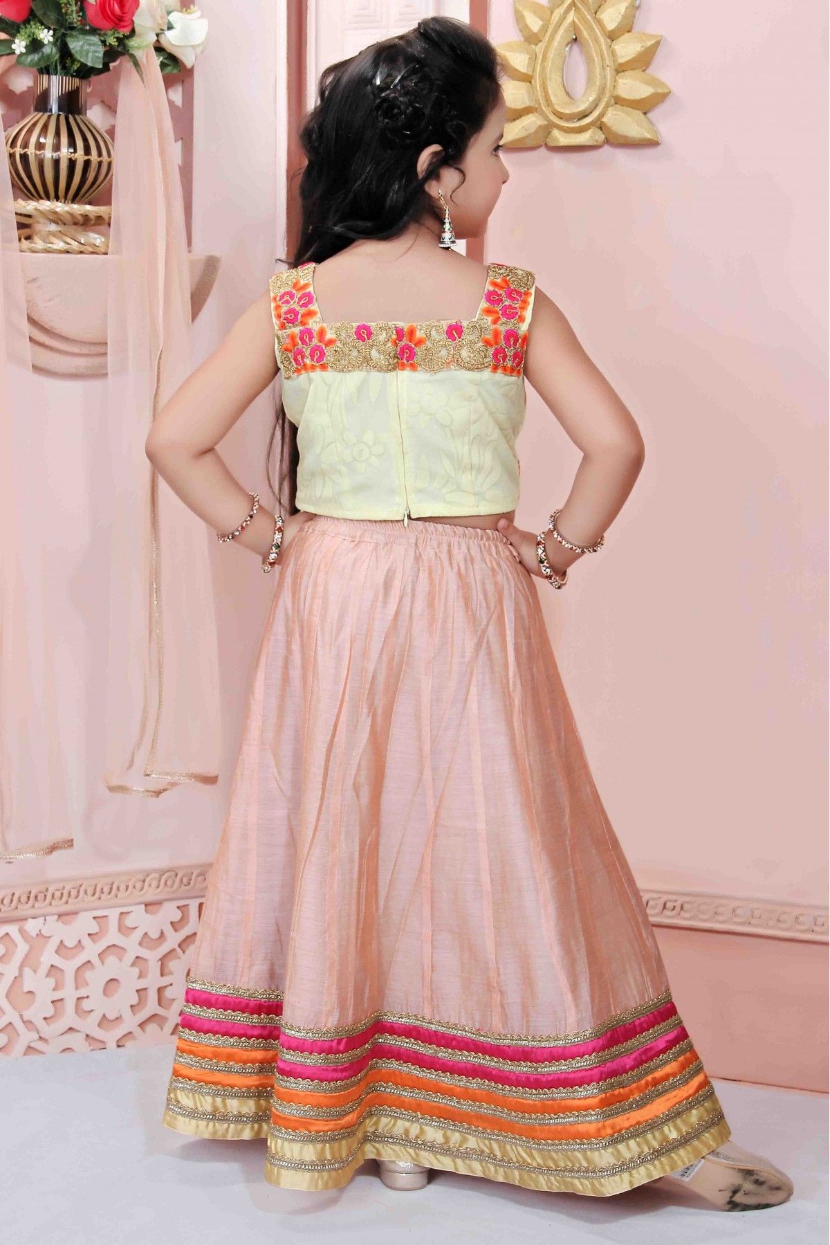 Chanderi Silk Cream and Peach Embroidered Lehenga Choli