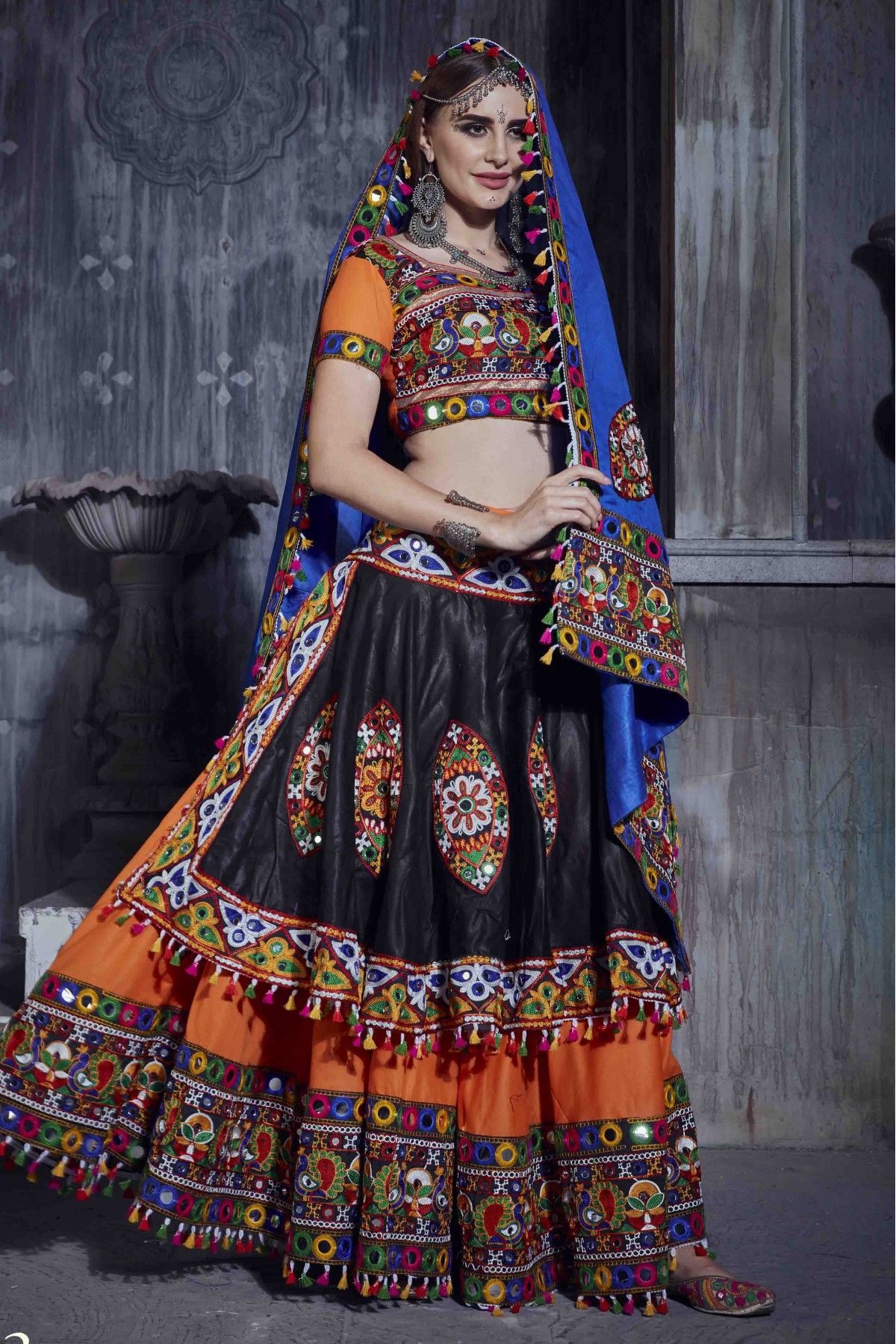 Buy This Trendy Orange Velvet And Soft Net Digital Print Lehenga Online-  Vastrey