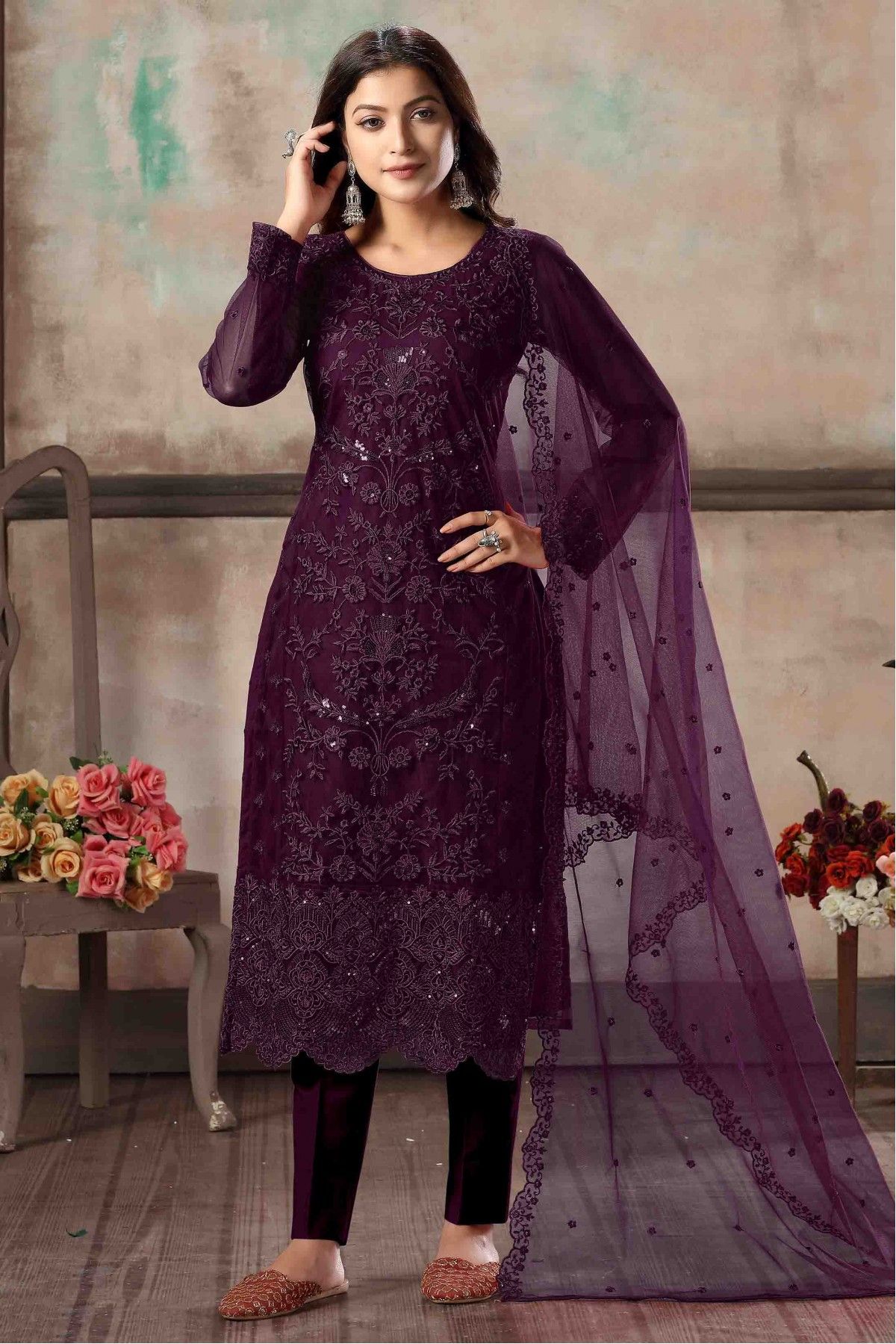 Purple Partywear Designer Embroidered Georgette Palazzo Suit