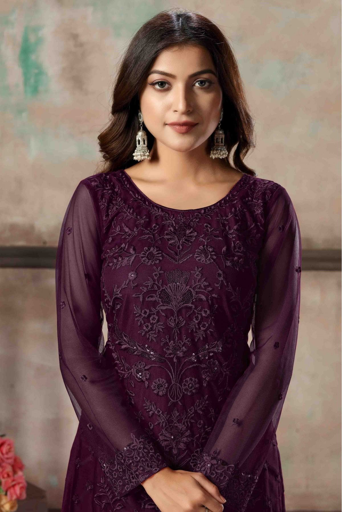 Buy Purple Embroidery Work Viscose Silk Palazzo Suit Online