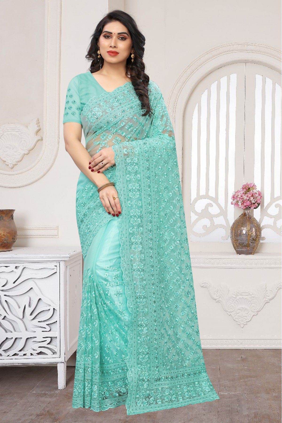 Lace Border Georgette Saree in Sky Blue : SUF10279