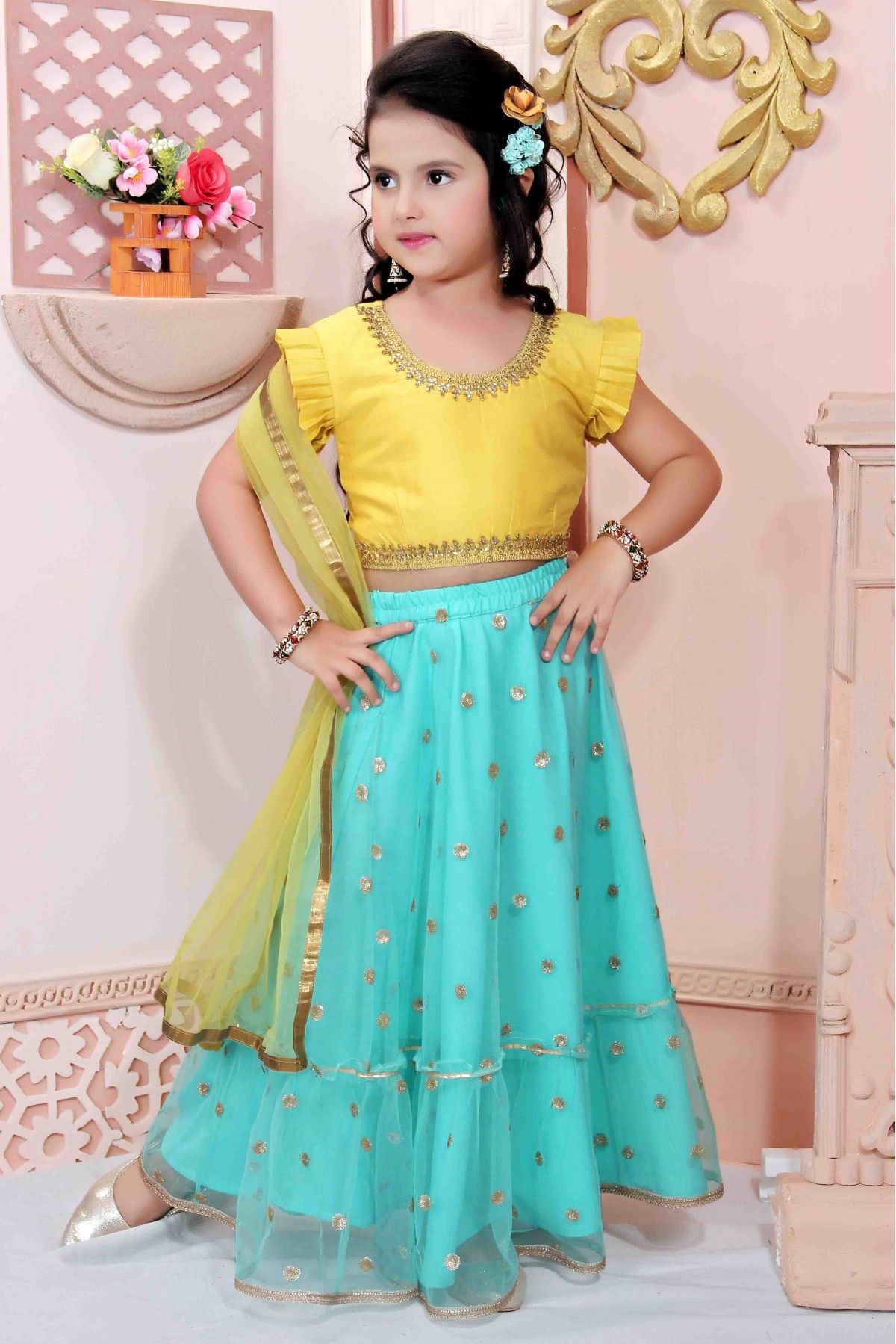 Net Party Wear Lehenga Choli In Sea Green Colour