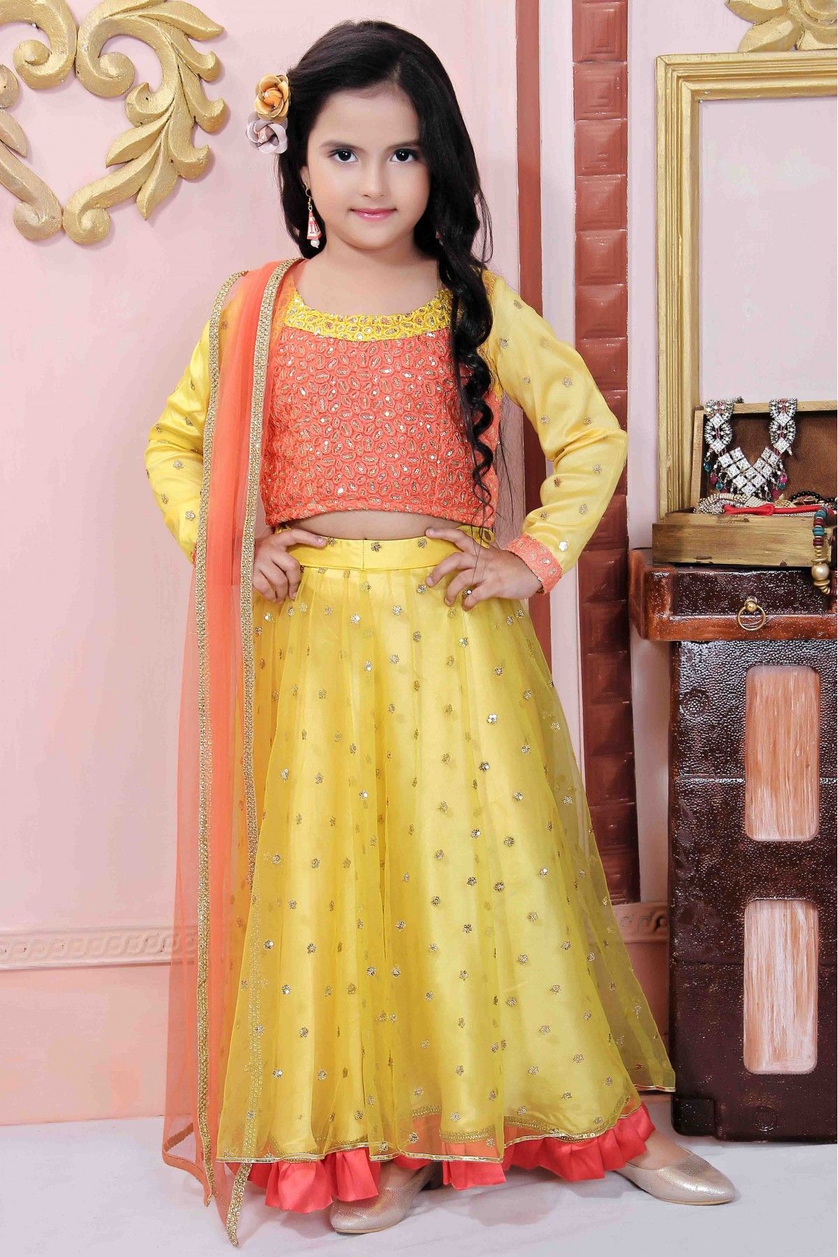 Buy Stop N Shop Girls Lehenga Choli Dupatta Set for Kids, Ethnic Wear-  Yellow- 0-12 Months at Amazon.in