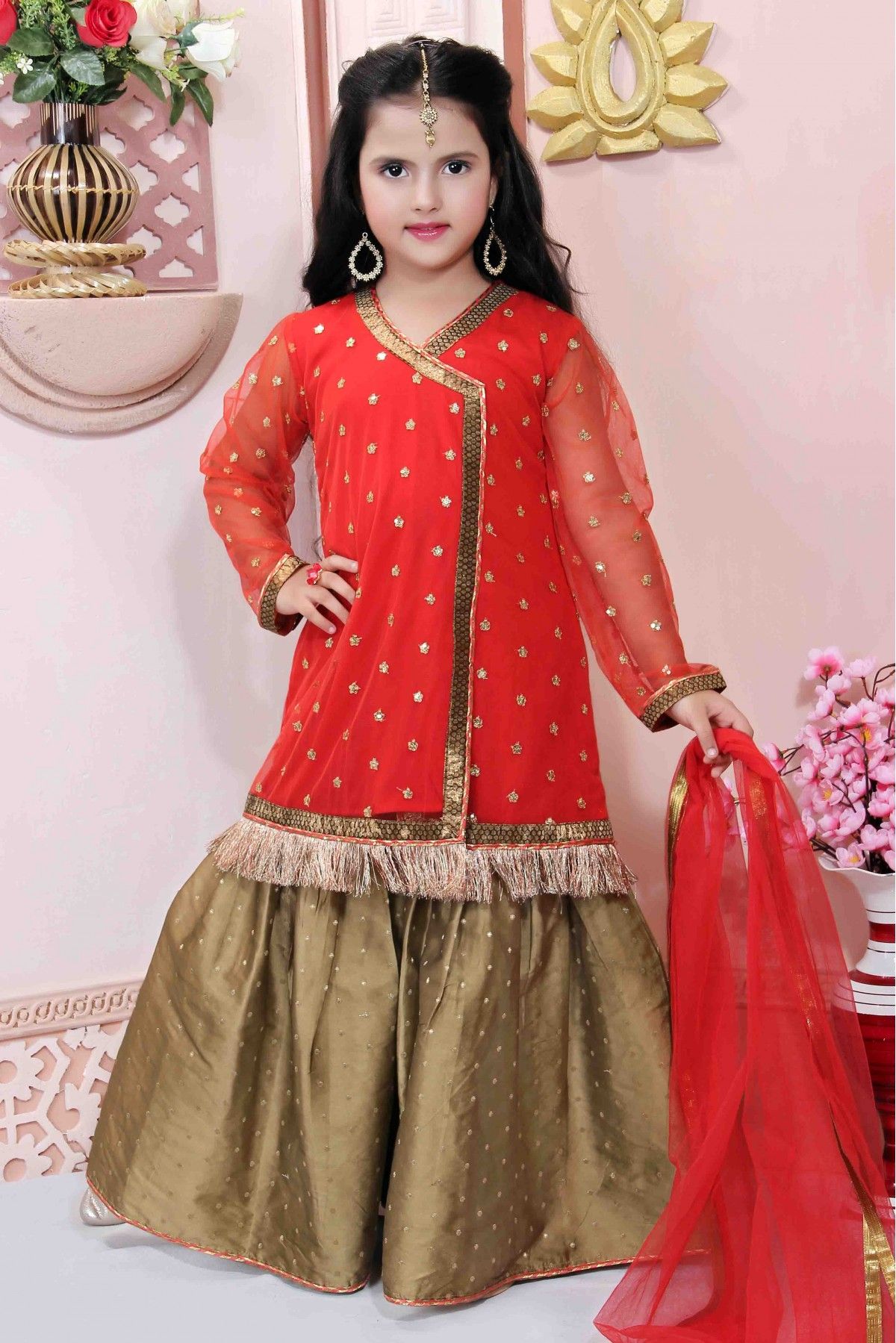 Buy Green Mirror and Thread Sharara with Kurti Net Dupatta for Girls Online