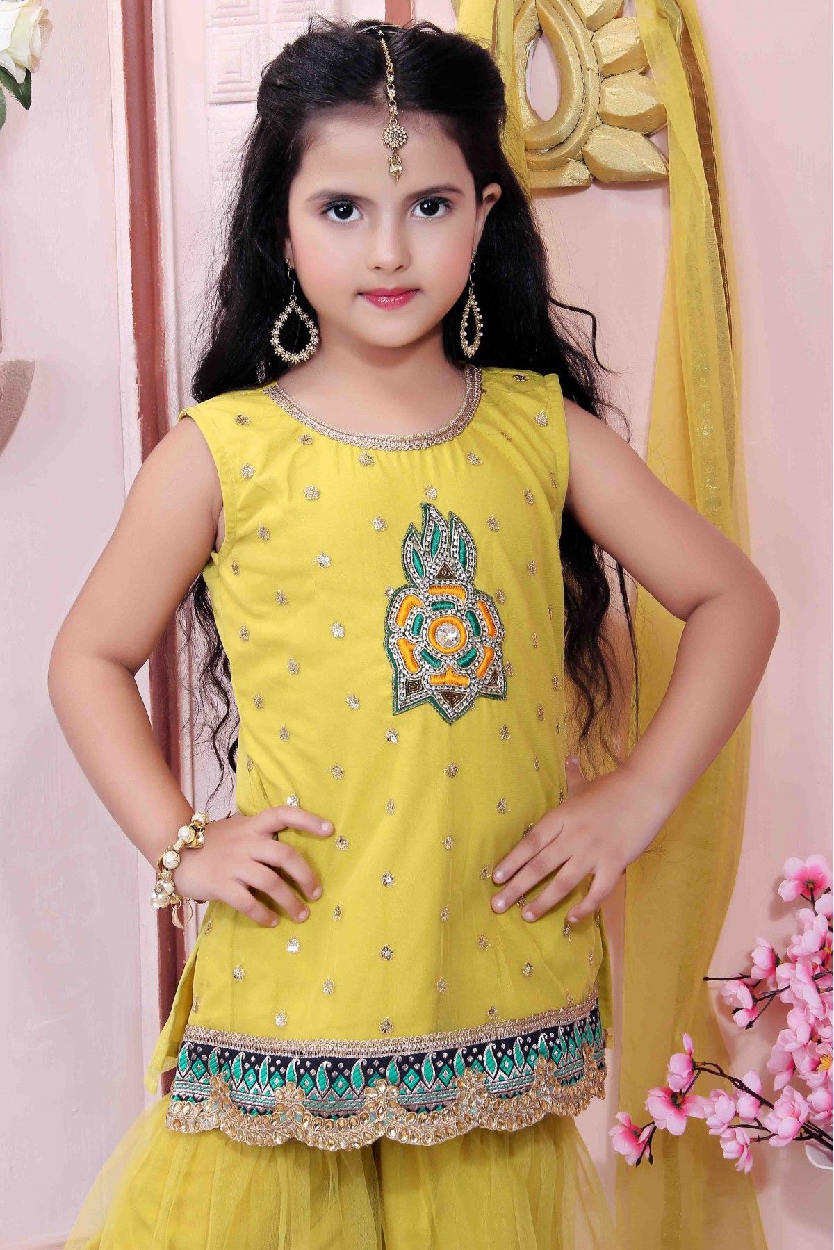 Yellow Embroidered Readymade Kids Sharara Suit Latest