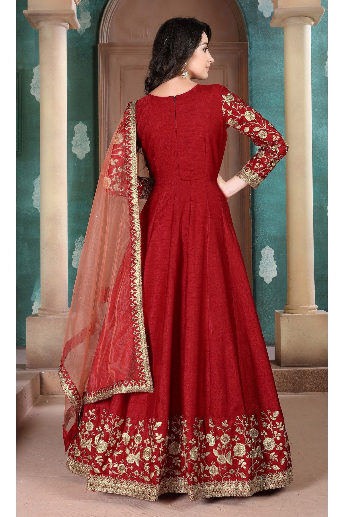 Maroon Embroidered Georgette Anarkali Suit - Noble House Creations