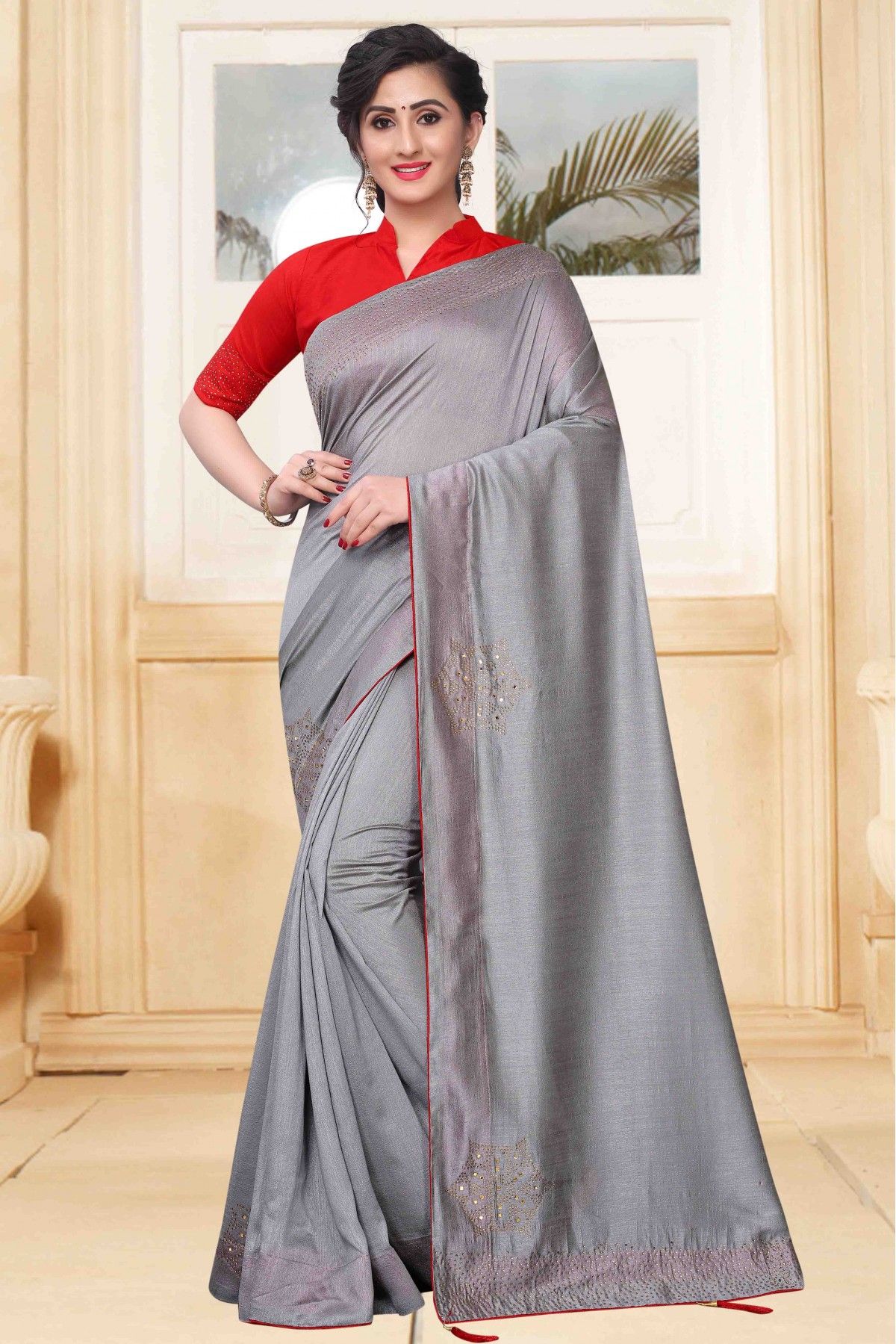 Grey Color Banarasi Silk Kachchi Work Saree