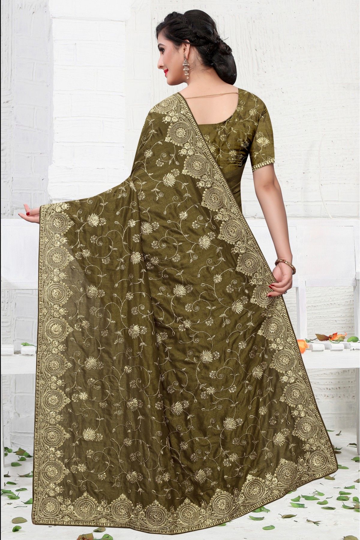 Green colour vichitra silk heavy work saree