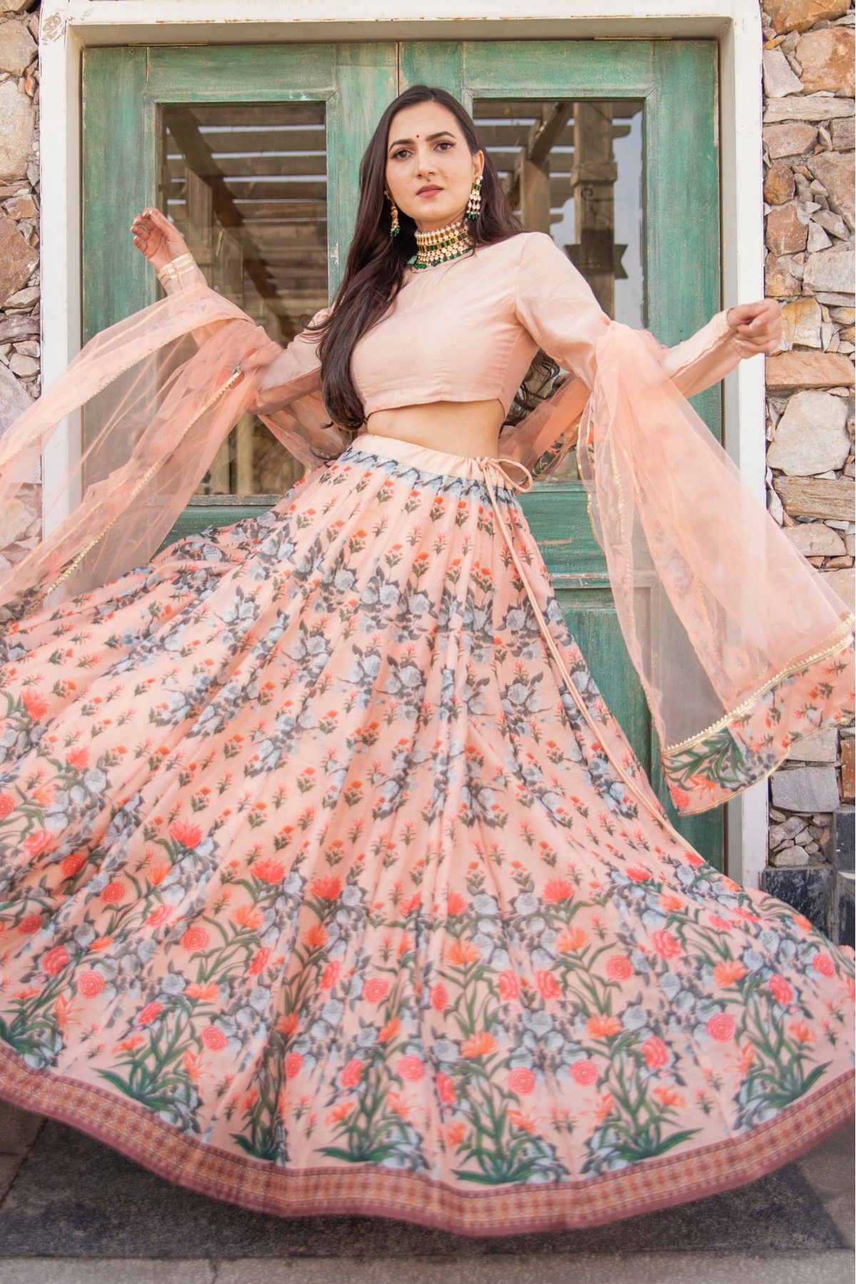 Chanderi Digital Print Lehenga Choli In Peach Colour LD5410161 A