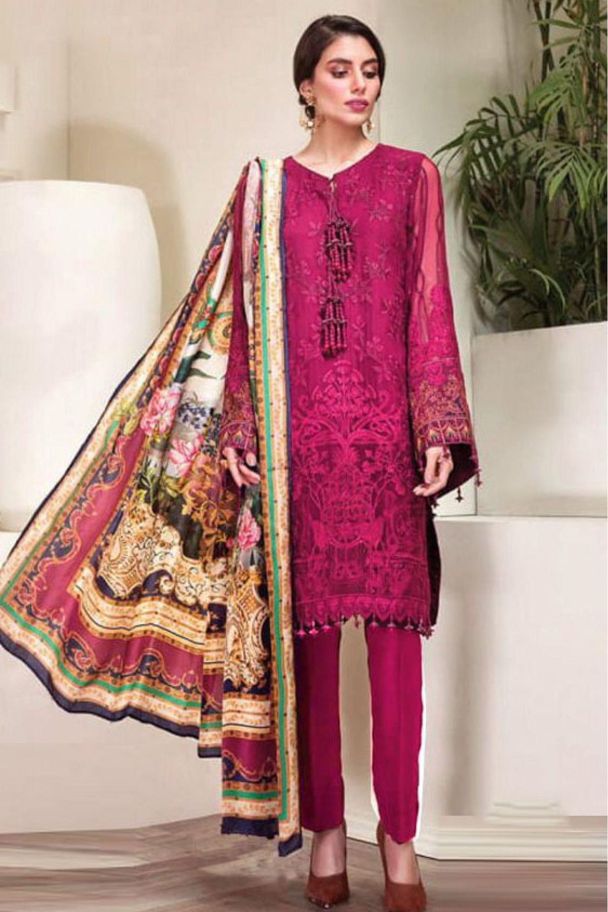 Georgette Embroidery Pakistani Suit In Magenta Pink Colour