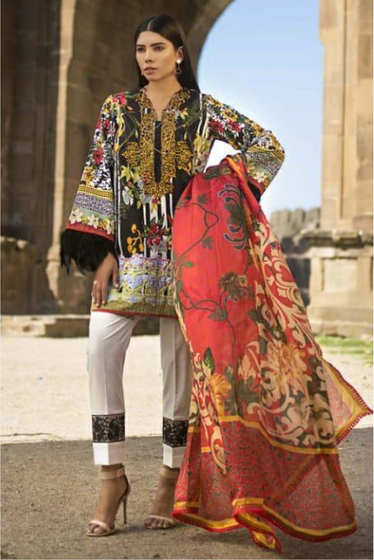 Muslin Cotton Patch Work Pakistani Suit In Black Colour SM4371146 A