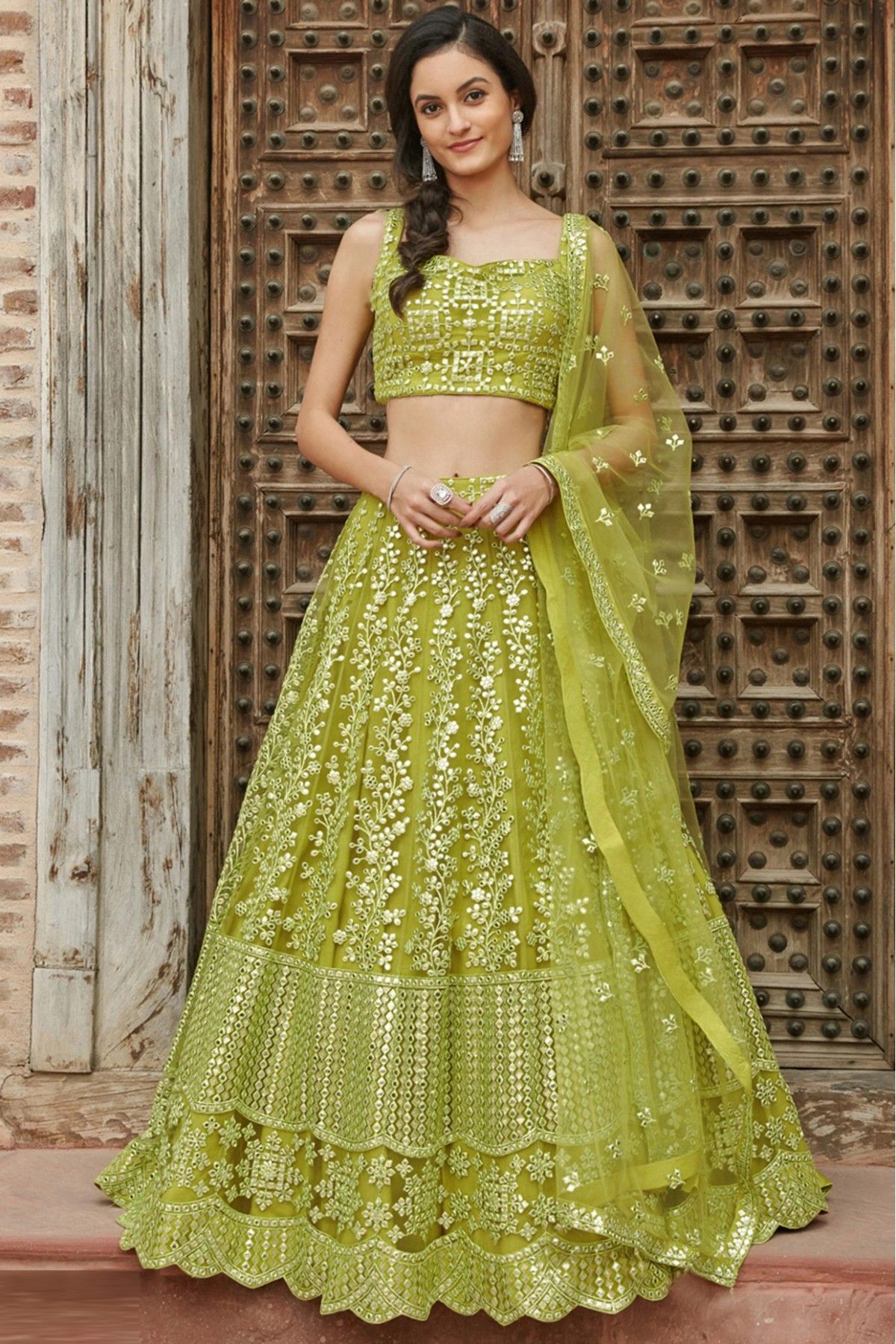 Geetha Madhuri in Stylus parrot green lehenga paired with heavy embellished  blouse with cont… | Green blouse designs, Fancy sarees party wear, Bridal  blouse designs