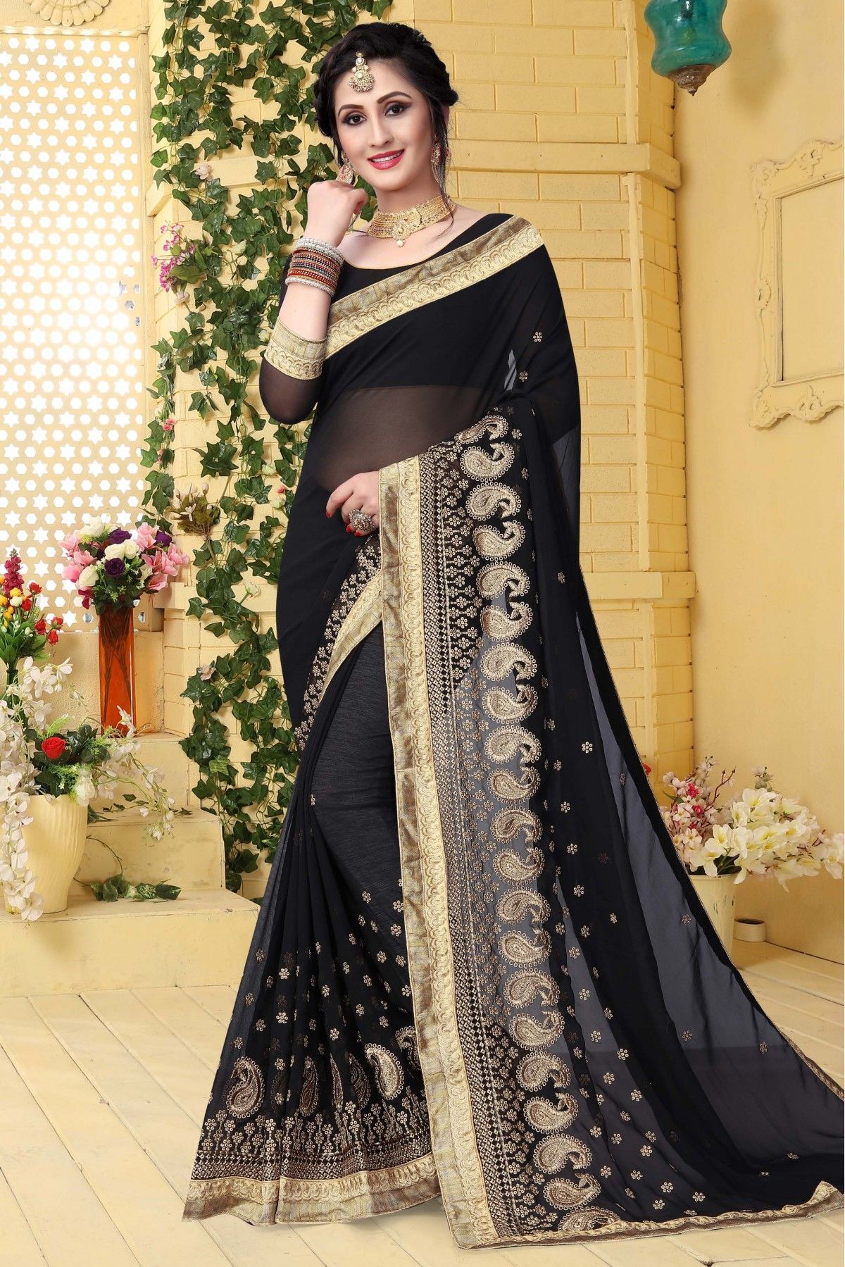 New Mode Black Color Soft Silk Partywear Saree Online|