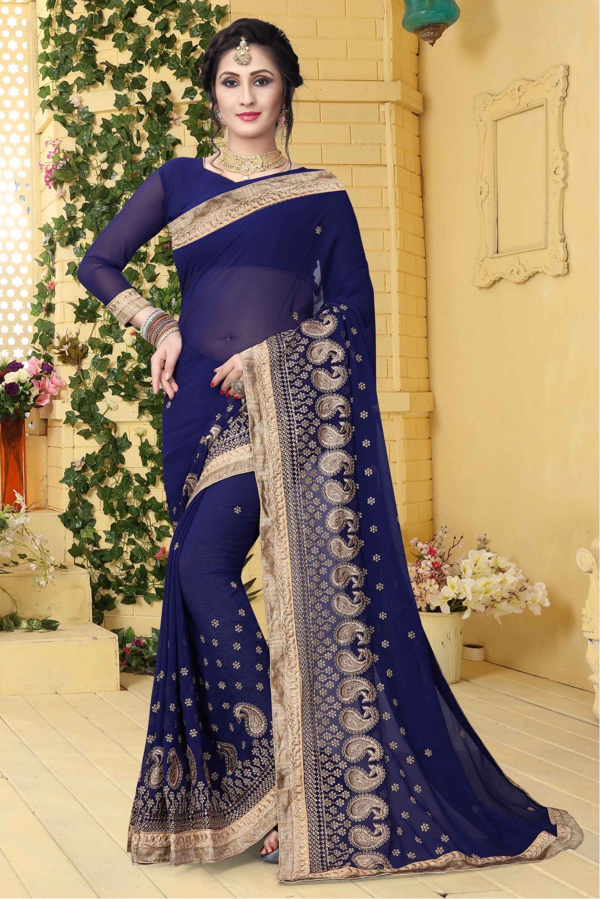 Teal Blue Embellished Border Saree & Blouse 5422SR05