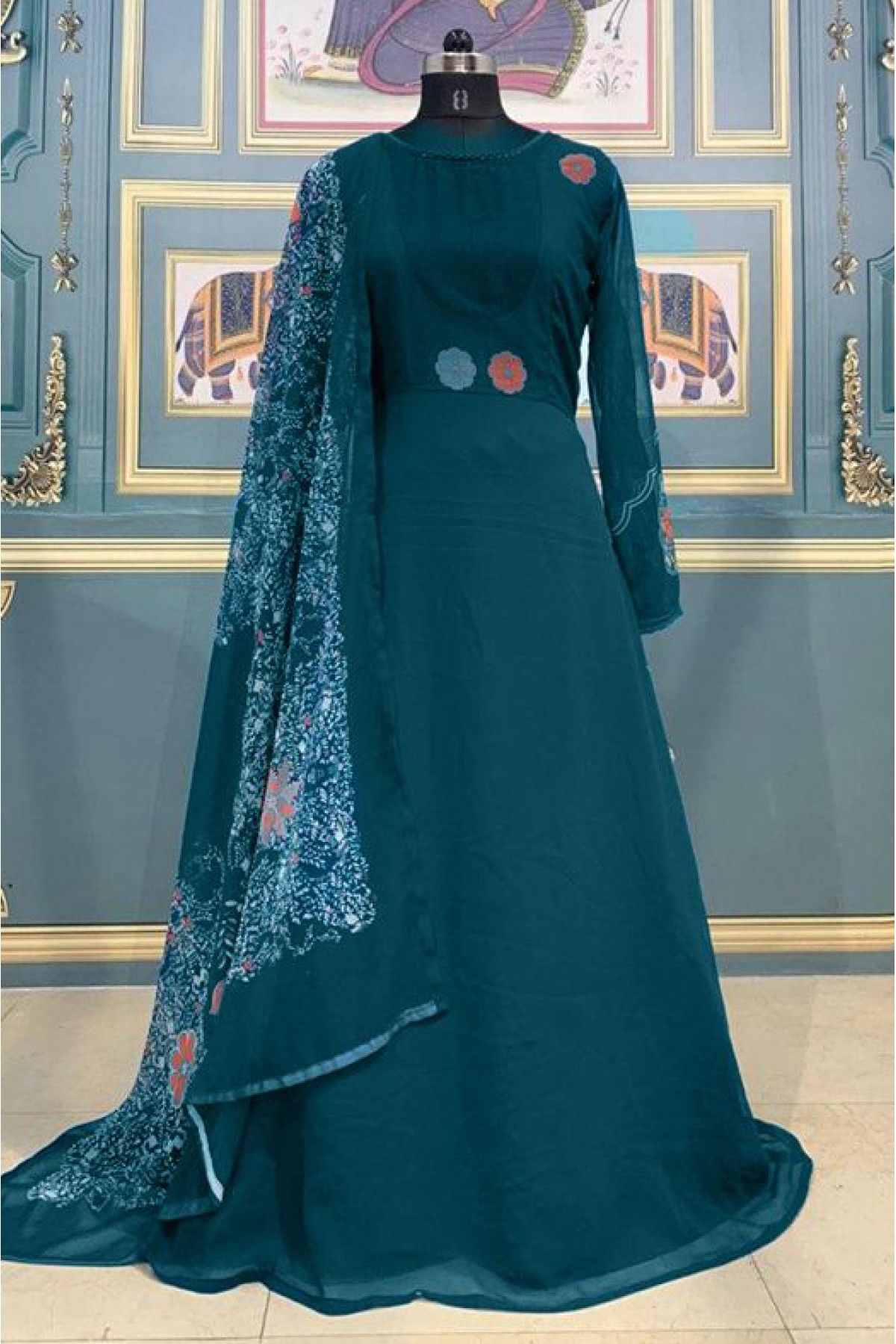 Teal Blue Gown in Dola Silk fabric with Resham, Sequence, Cutdana, Moti,  Gota and Dabka Work | Kishori