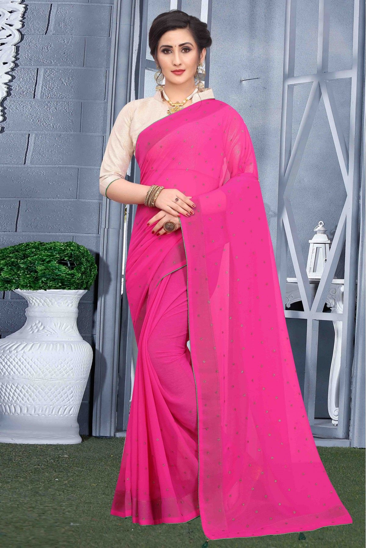 Magenta Pink Georgette Silk Saree - Urban Womania