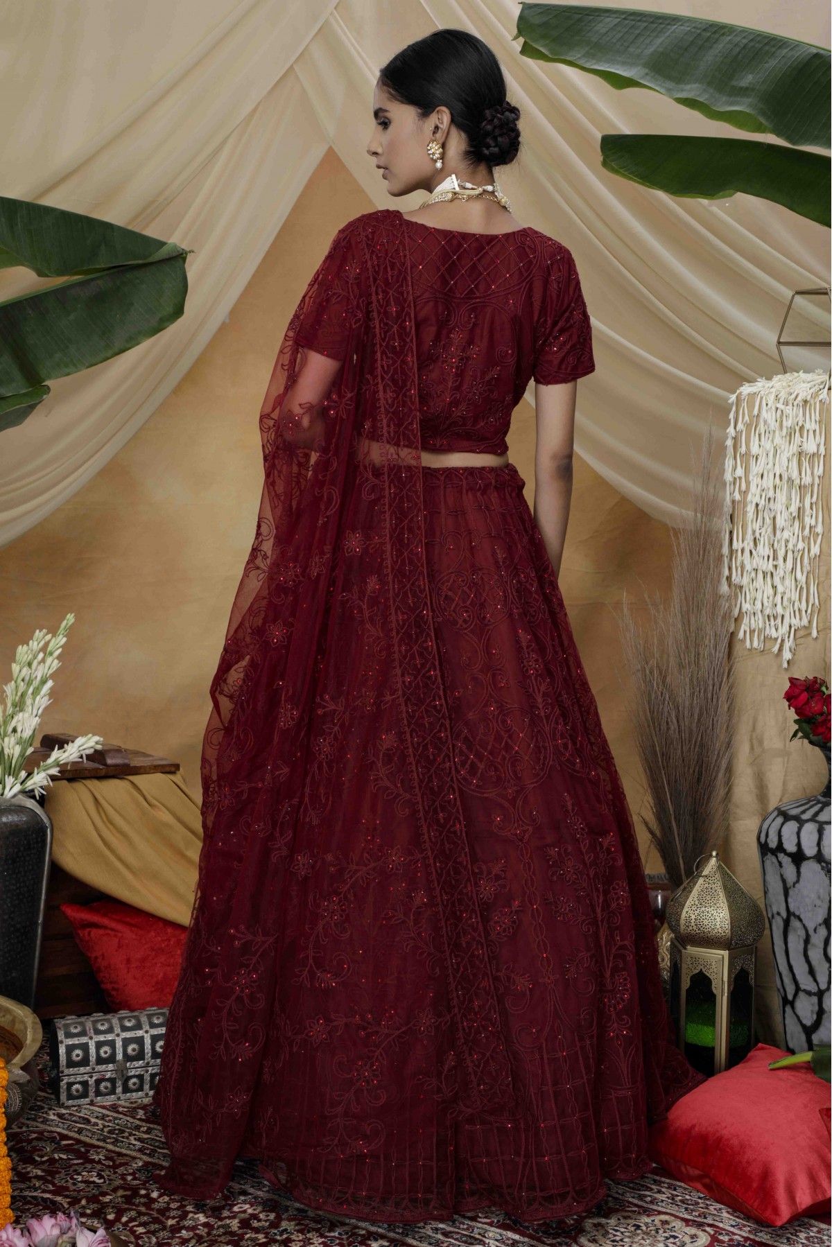 Crepe Maroon Lehenga Choli - Salwari - Lehenga