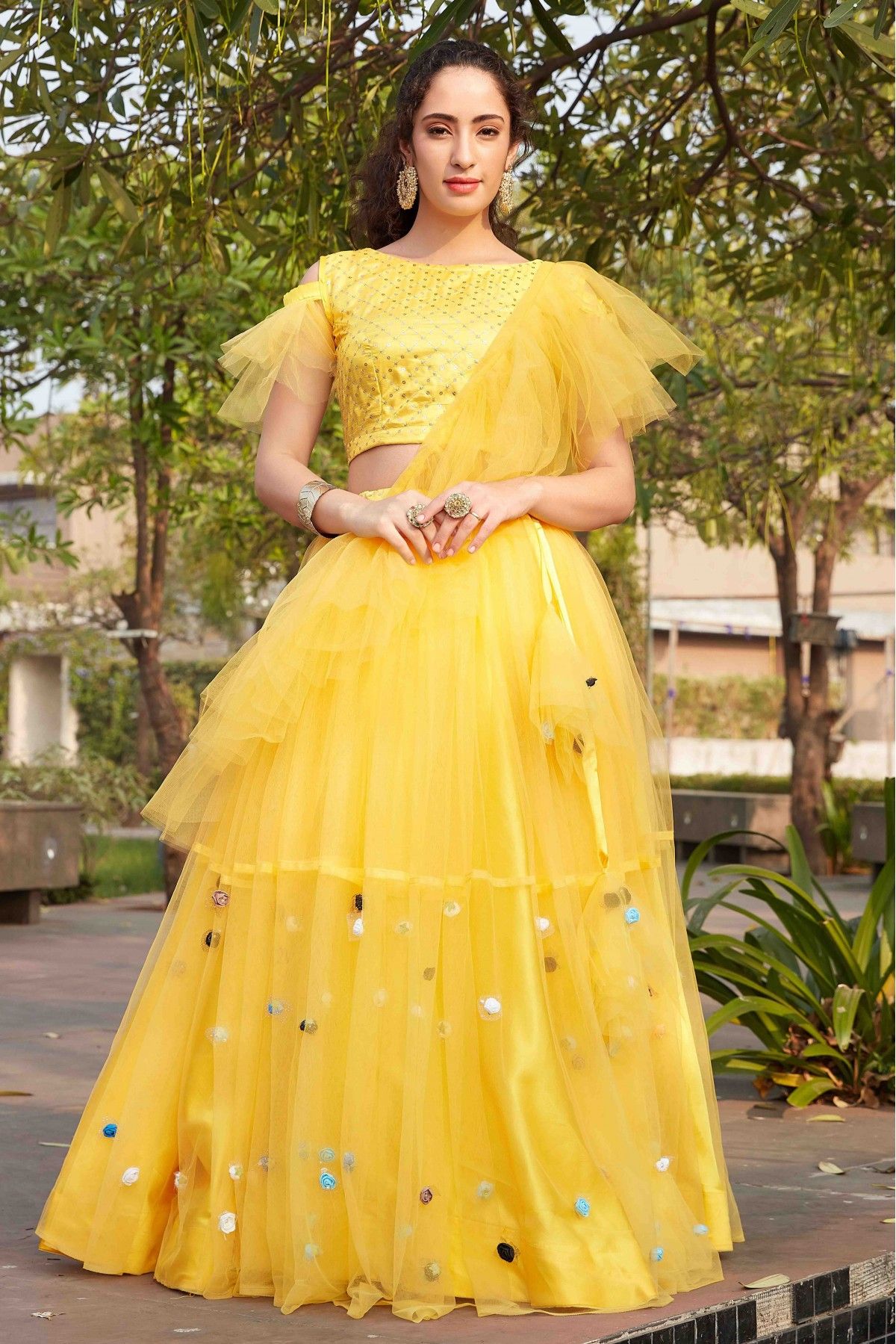 Net Yellow Embroidered Lehenga Choli