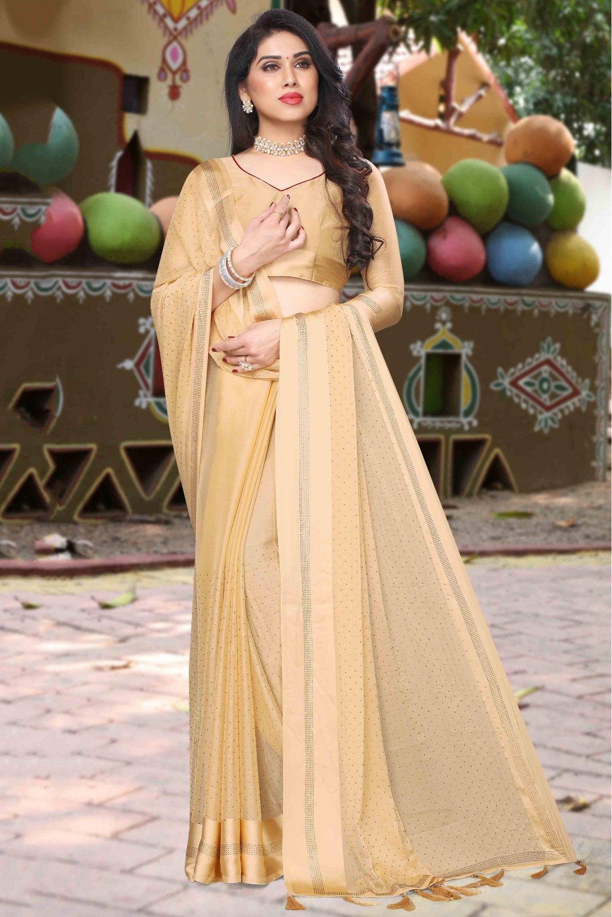 Linen Cotton Beige Saree | Ladies Formal Office Wear - Indyvarna