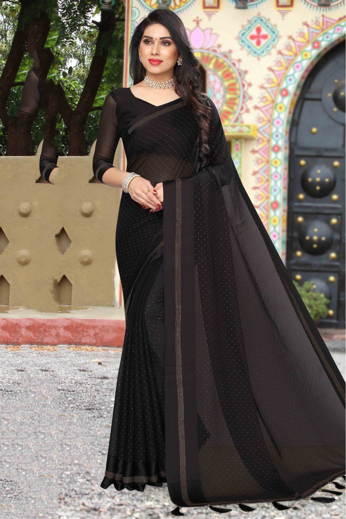 BLACK COLOUR SHIMMER CHIFFON SAREE ✈️FREE➕COD🤩⬇️ - SareesWala.com