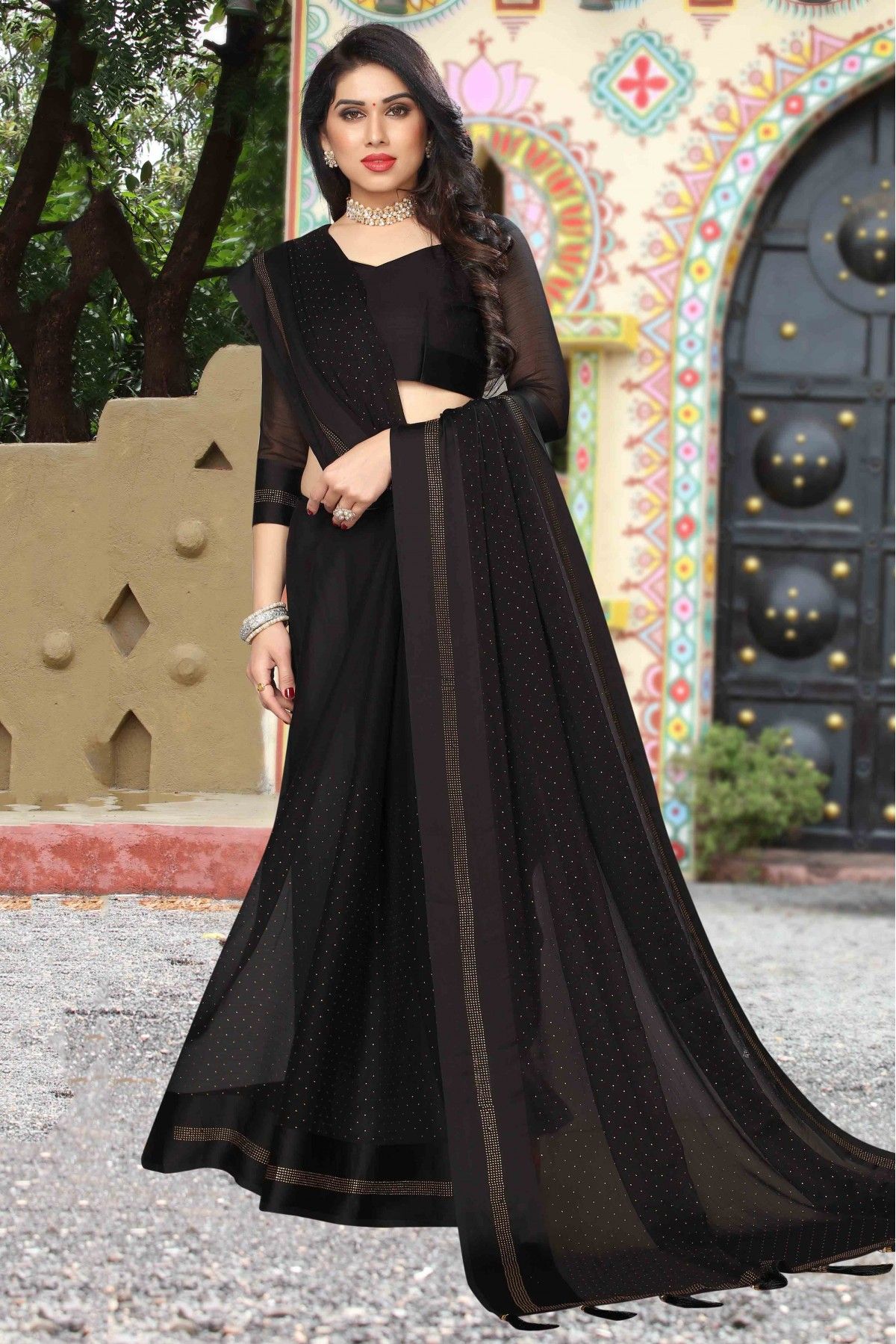 Vishal Prints Black Printed Chiffon Saree With Border