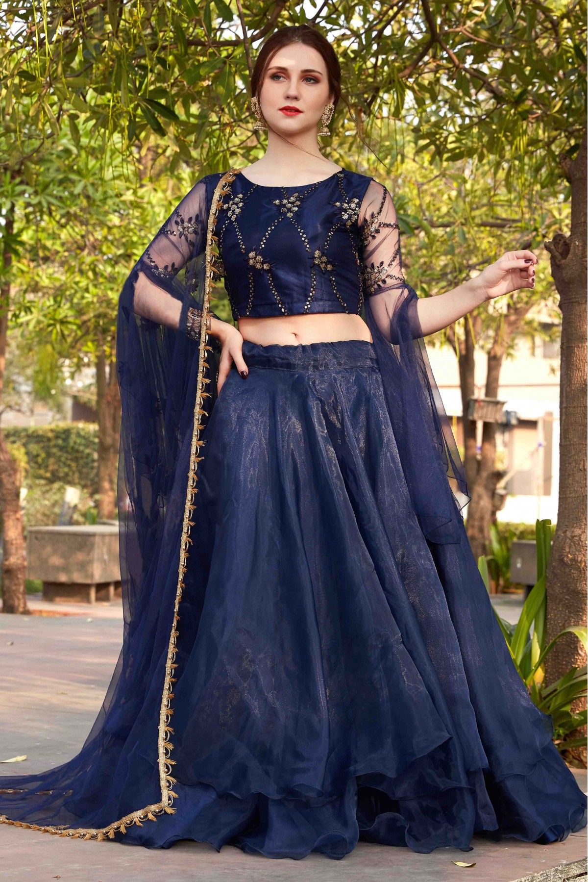 Teal Tissue Organza Lehenga Set | Organza lehenga, Aza fashion, Lehenga