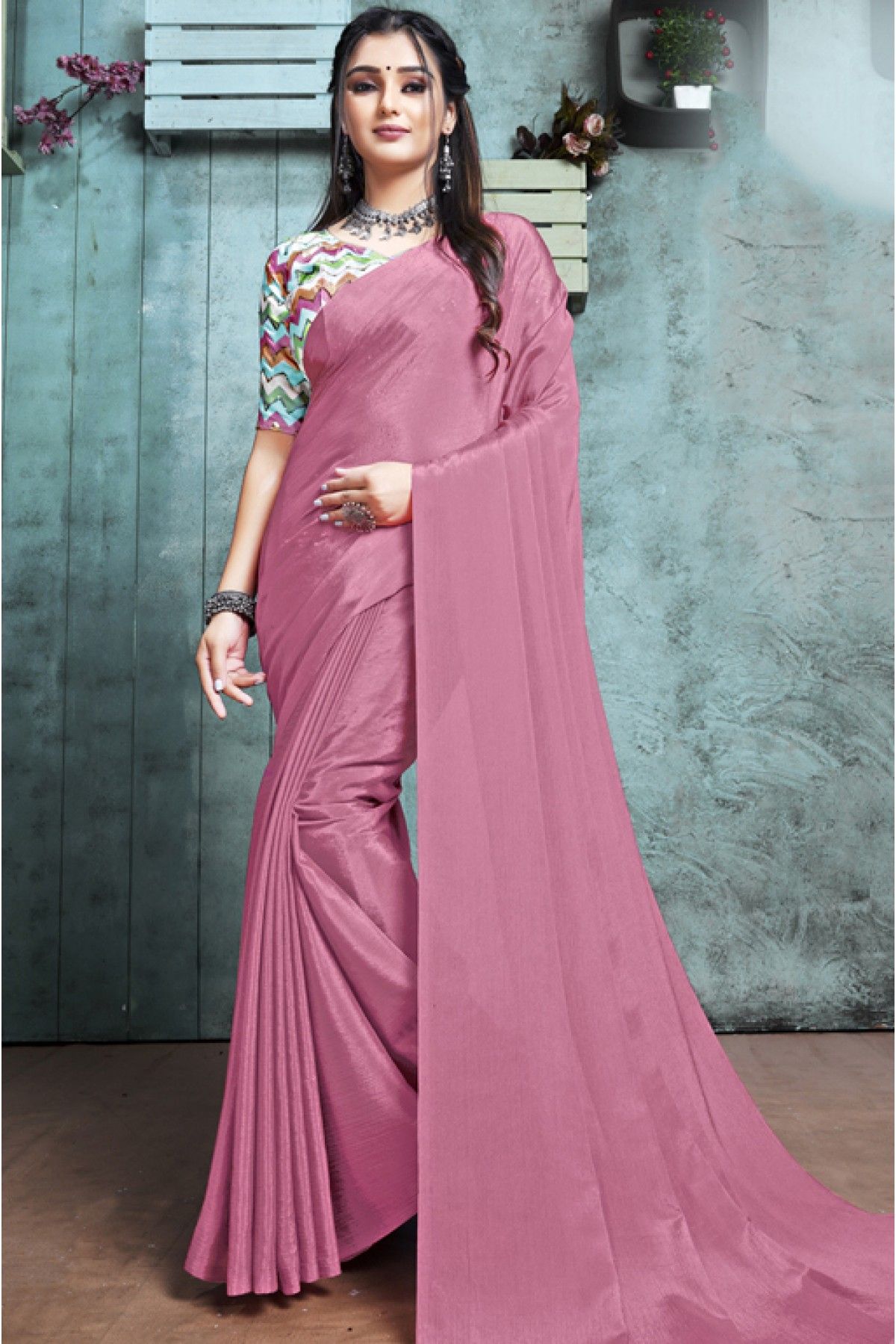 Teal silk plain saree with designer blouse 5902