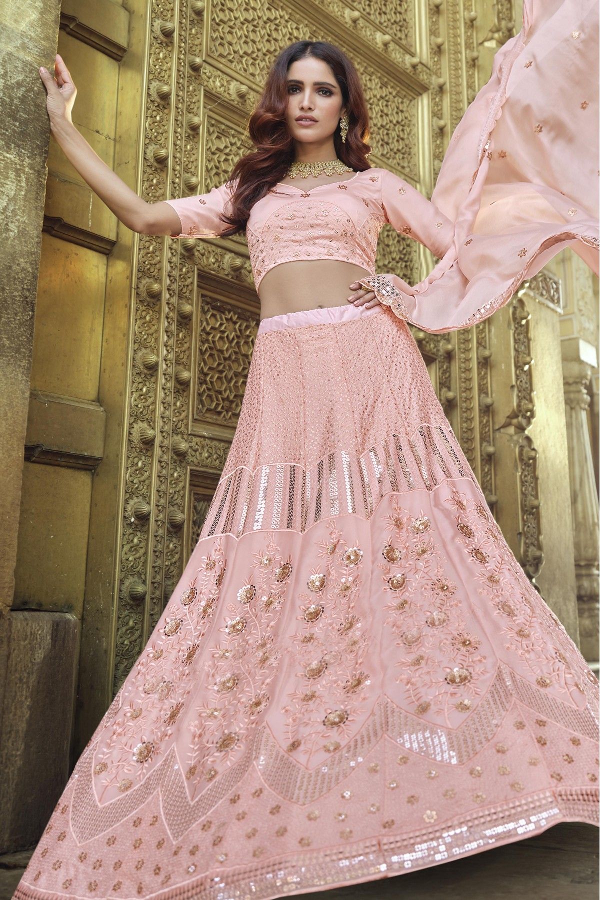 Dark Pink Georgette Lehenga Choli with Coding and Sequence w