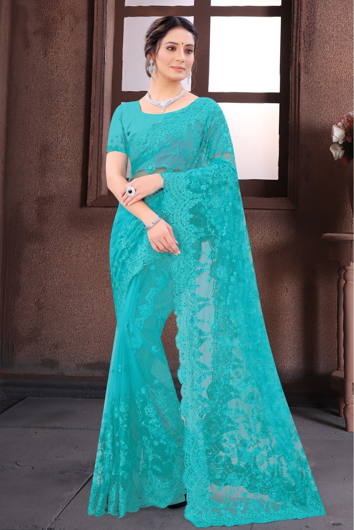 Firozi Colour Banarasi Silk Saree At 50% Off - Bella Signora