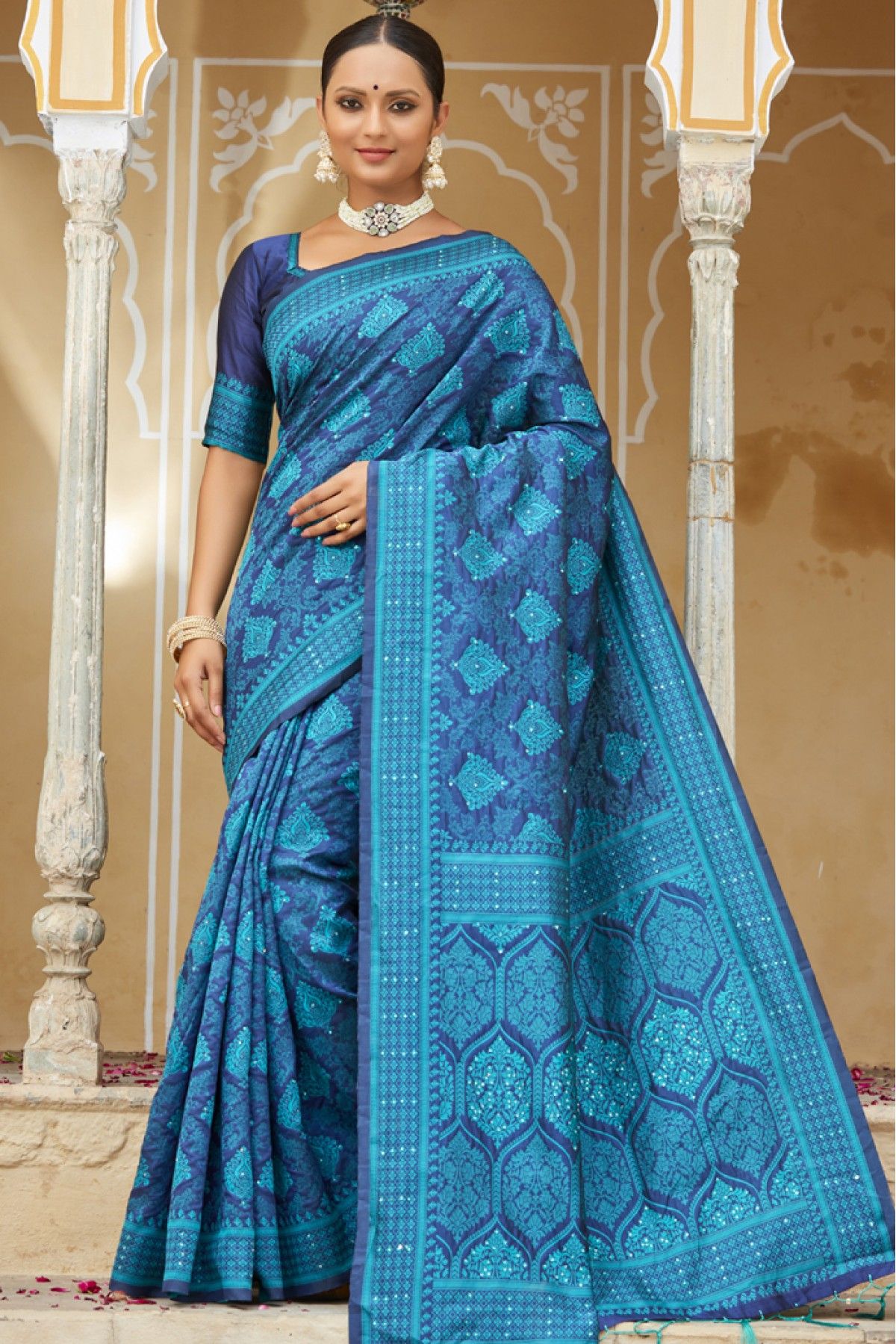 Royal Blue Color Georgette Daily Wear Saree With White Blouse