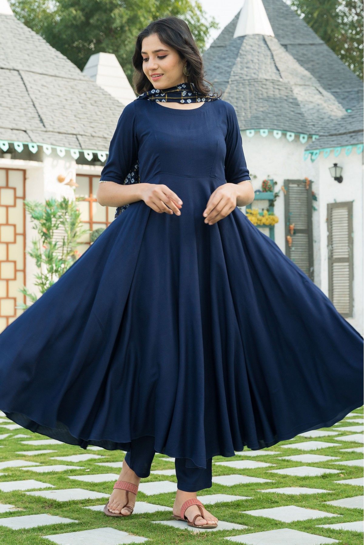 Art silk long Anarkali suit in Navy blue colour 4403