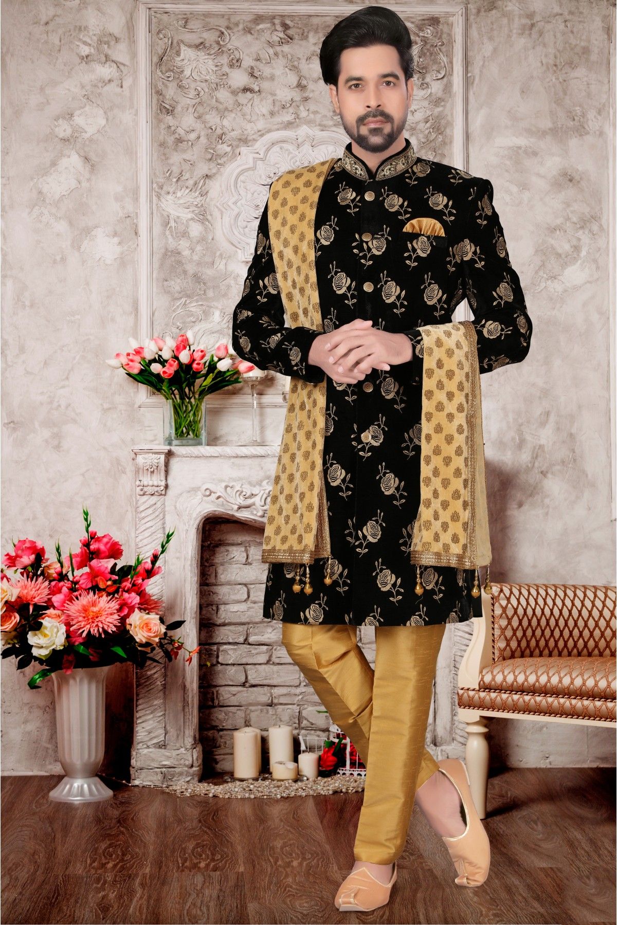 Black velvet sherwani for clearance groom