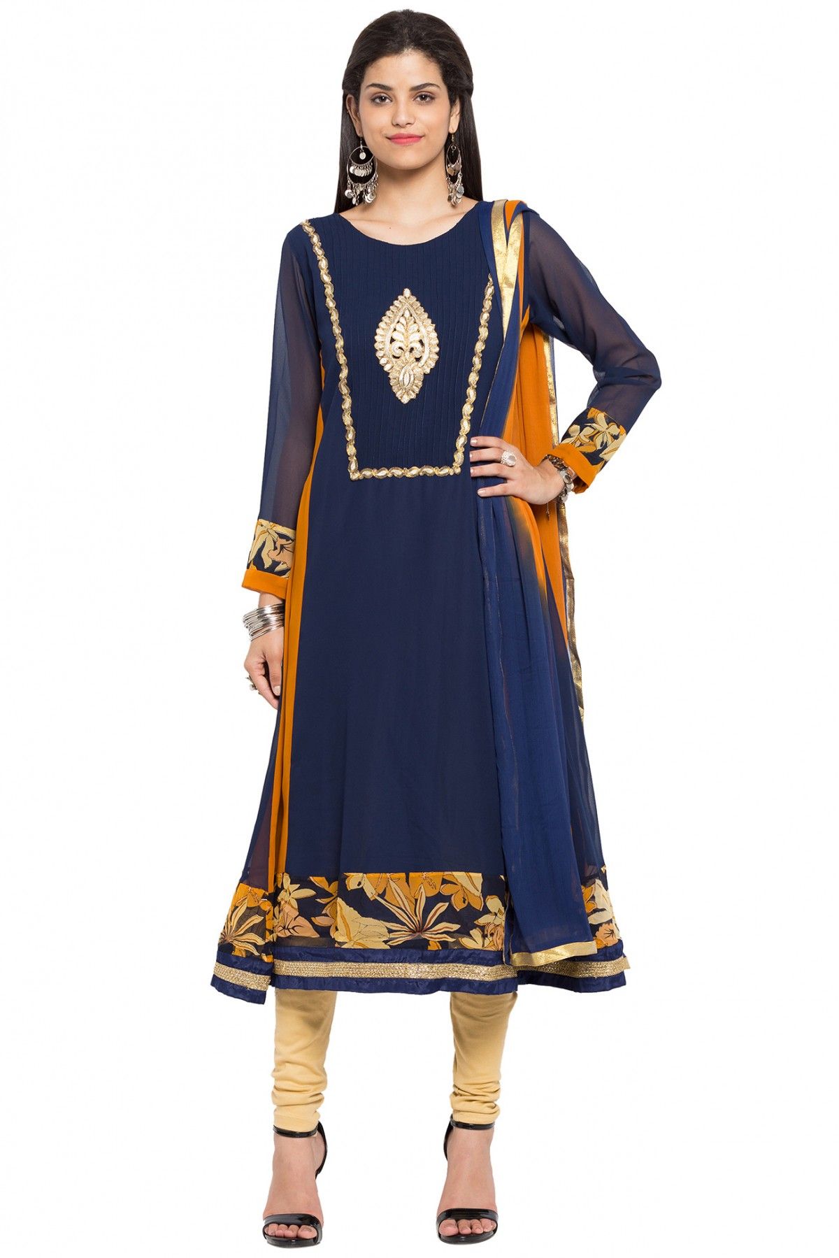 Plus Size Stitched Faux Georgette Anarkali Suit In Blue Colour Upto 66