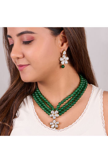 Green Beads and Stone studded Choker Necklace with Drop Earrings jewellery set NS05810011