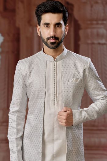 Jacquard and Silk Dhupion Stitched Sherwani KP04126245